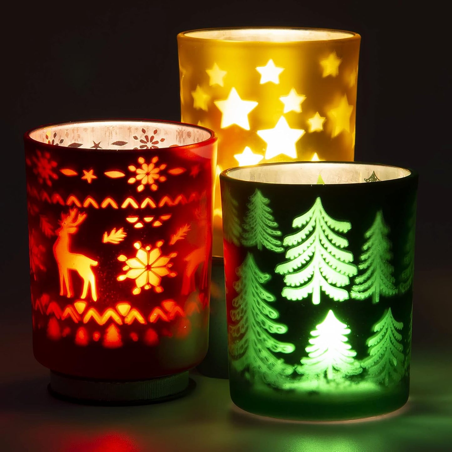 Rancco Tealight Candle Holders - Festive Indoor Xmas Decor | Elk, Christmas Tree & Stars Designs, 3.3x2.6in