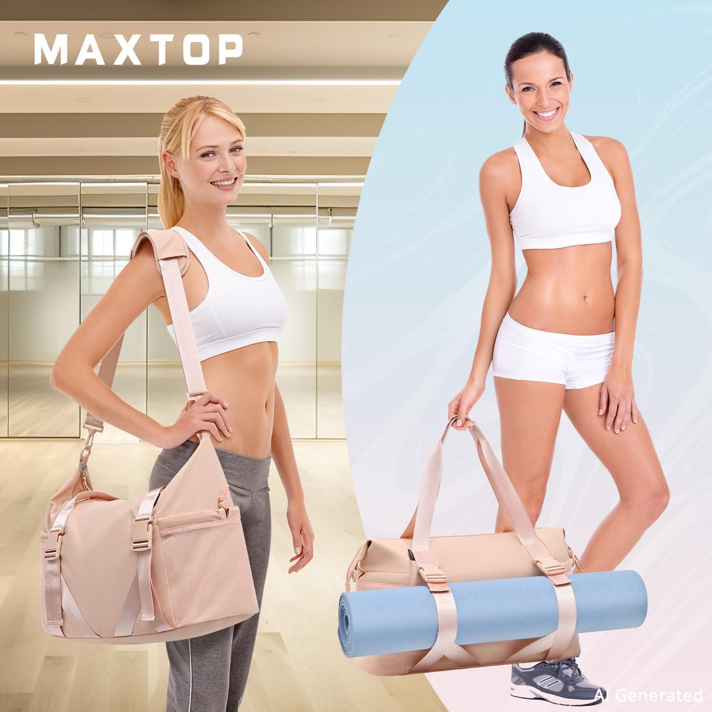 MAXTOP Gym Tote Bag for Women Pink Travel Duffle Bag with Yoga Mat Holder, Ideal for Yoga Accessories Workout Overnight Gymnastics Exercise Dance