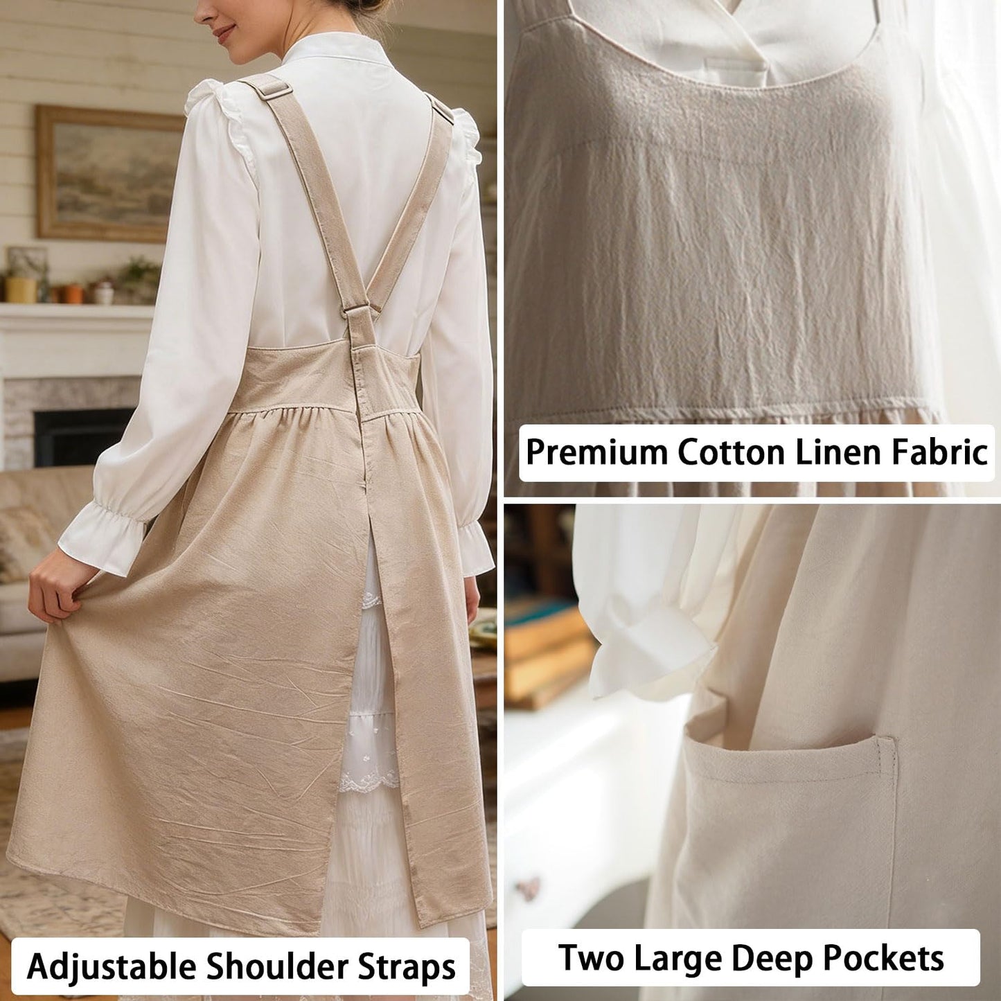 Uaussi Cotton Linen Apron Cross Back Work Apron for Women with Pockets Pinafore Dress X Cross Halter Apron for Baking Gardening