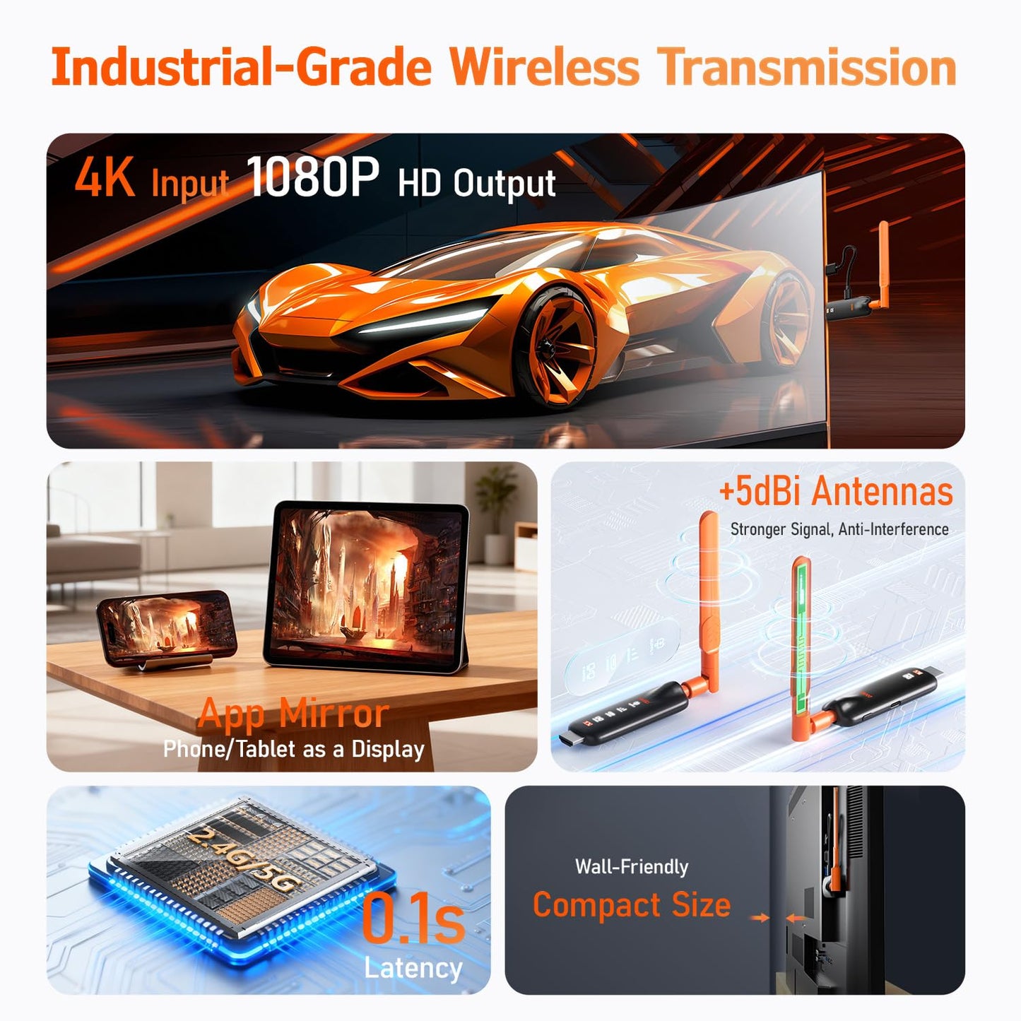 Wireless HDMI Transmitter and Receiver, Gechtech 656FT/200M Long Range, 5.8G, 4K Decode 1080P HD Output, Stable HDMI Extender for PC Laptop Camera Cable Box to Multiple TVs Monitors Projectors