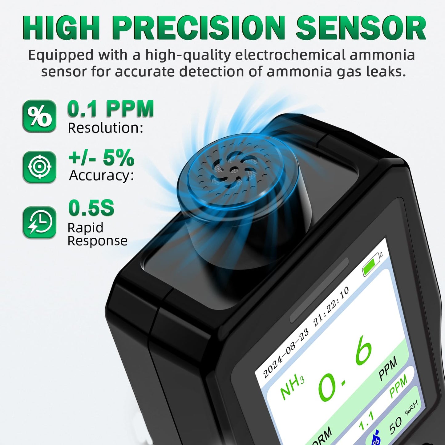 ZYKYCX Portable Ammonia Gas Detector, 0-200 PPM Rechargeable Ammonia Gas Monitor, Digital Air Quality NH3 Gas Meter with Temperature Humidity Tester for Farm, Poultry, Pig & Livestock
