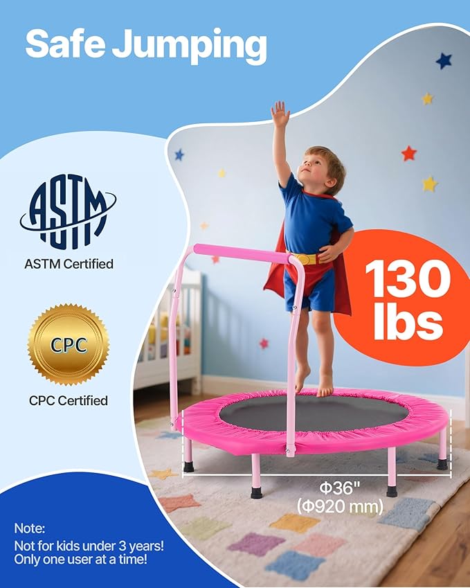 VEVOR 3FT Trampoline 36" Indoor/Outdoor for Toddlers, Foldable Mini Baby With Foam Handle, Recreational Birthday Gift