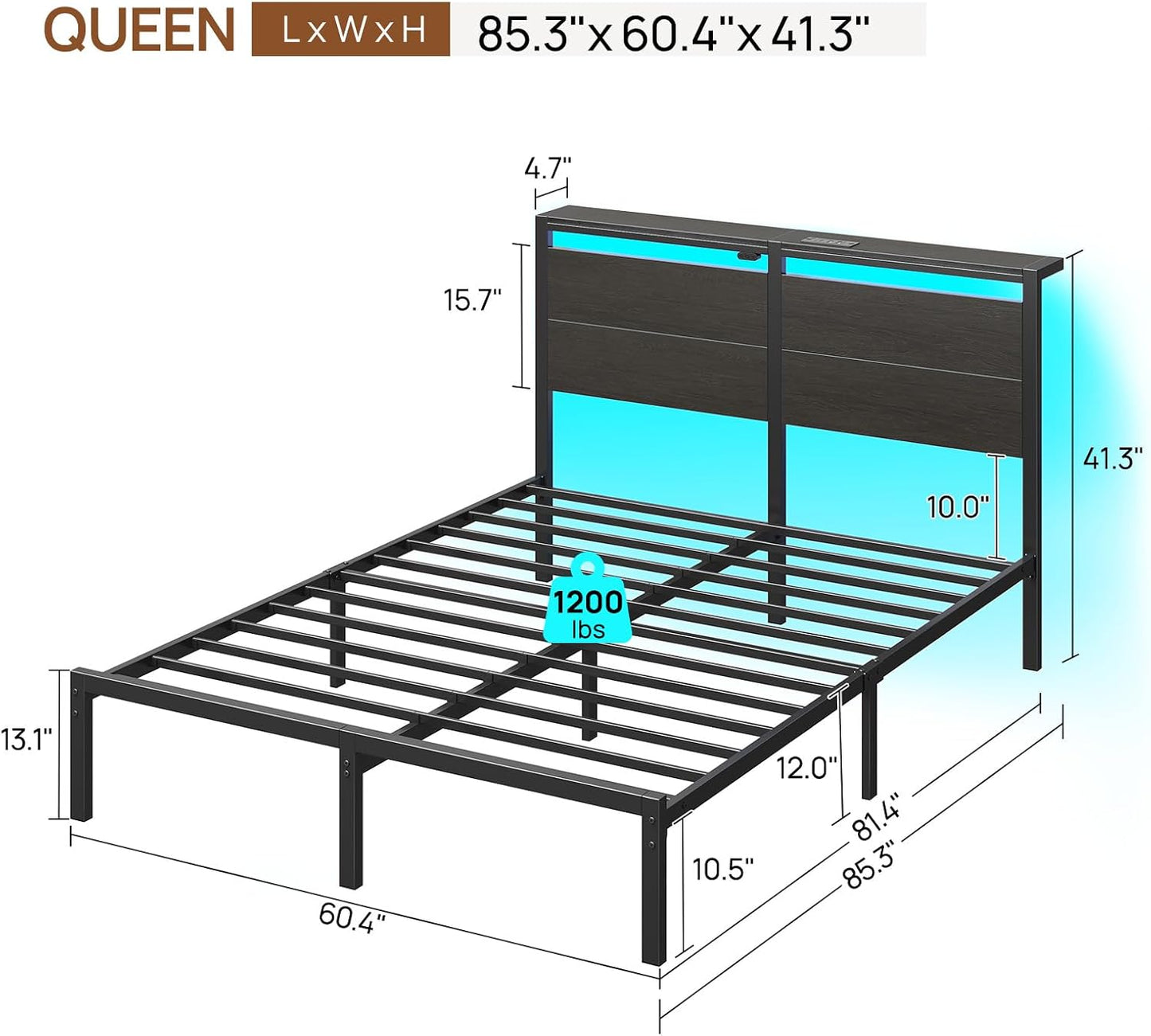 Rolanstar Queen Bed Frame - LED Headboard with Charging Station | Noise-Free Black Oak Design