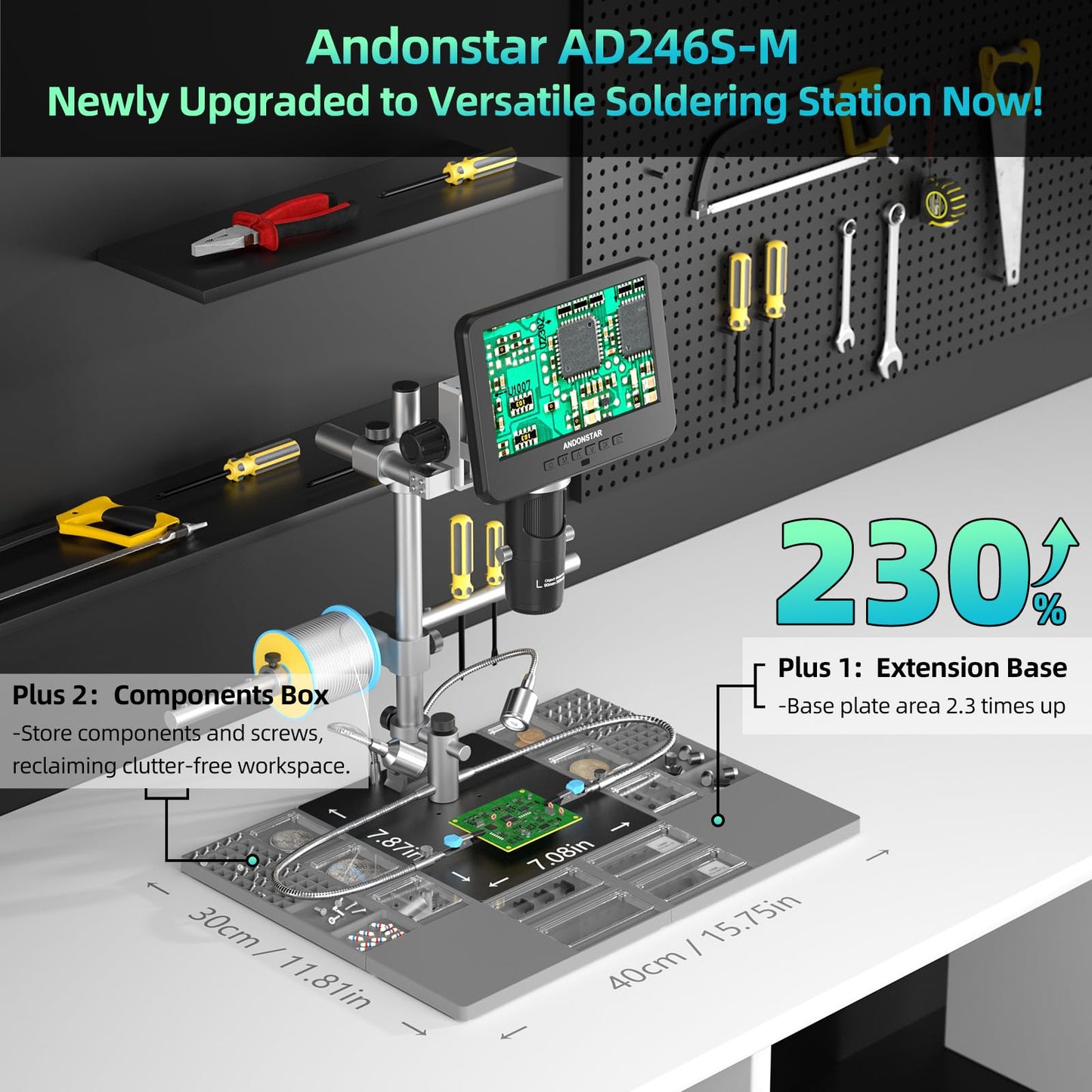 Andonstar AD246S-M Plus 7'' HDMI Soldering Digital Microscope for Electronics Repair, 2000x 3 Lens 2160P UHD Video Record, Soldering Microscope Station with Helping Hands, Coin Full View 32GB Card