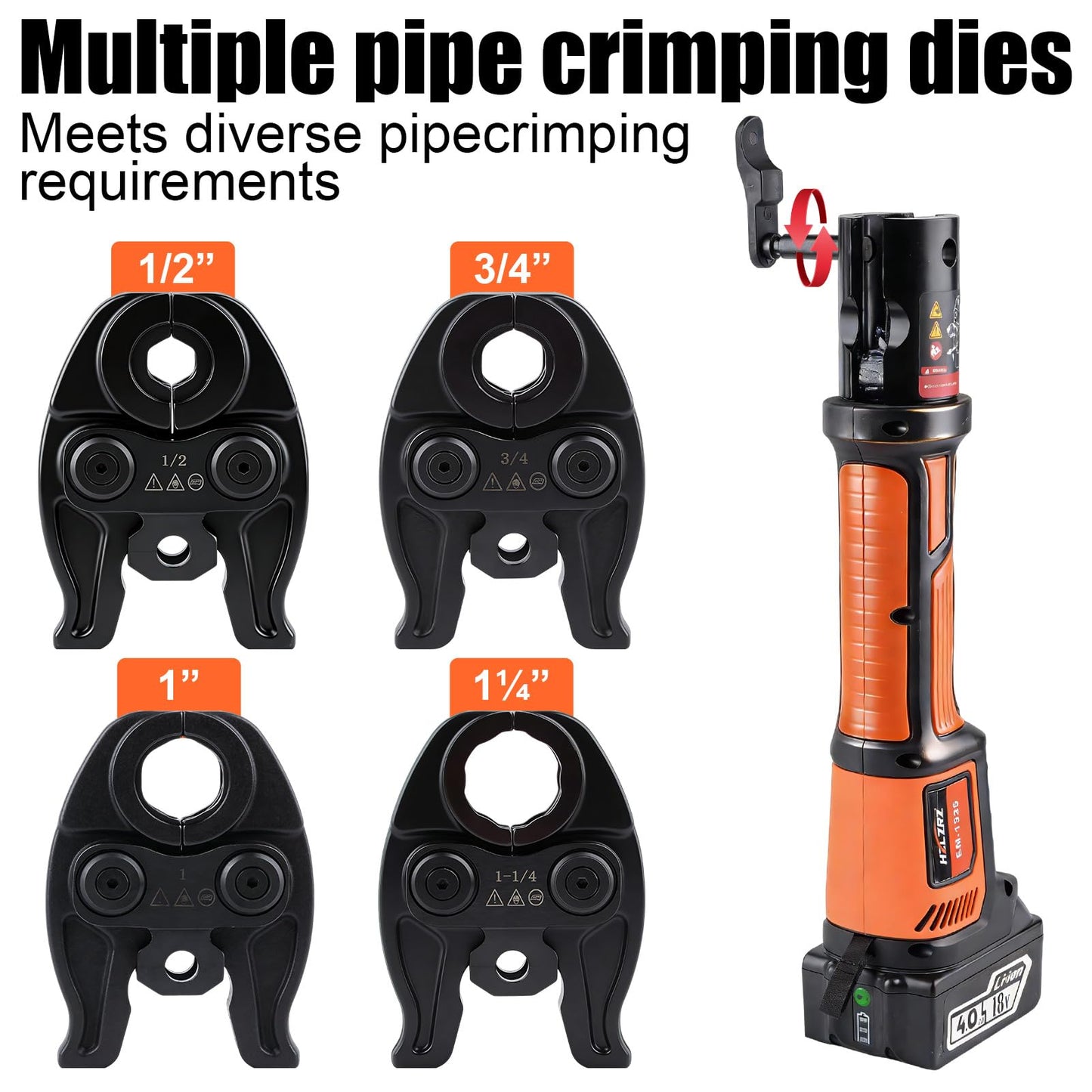 HZLZRZ Pro Press Tool 18V Brushless Electric Crimping Tool Kit for Copper Pipe, Includes "1/2, 3/4, 1, 1-1/4" ProPress Fittings with 4 Press Jaws, 2-Pack 4.0Ah Batteries, Fast Charger & Carrying Case