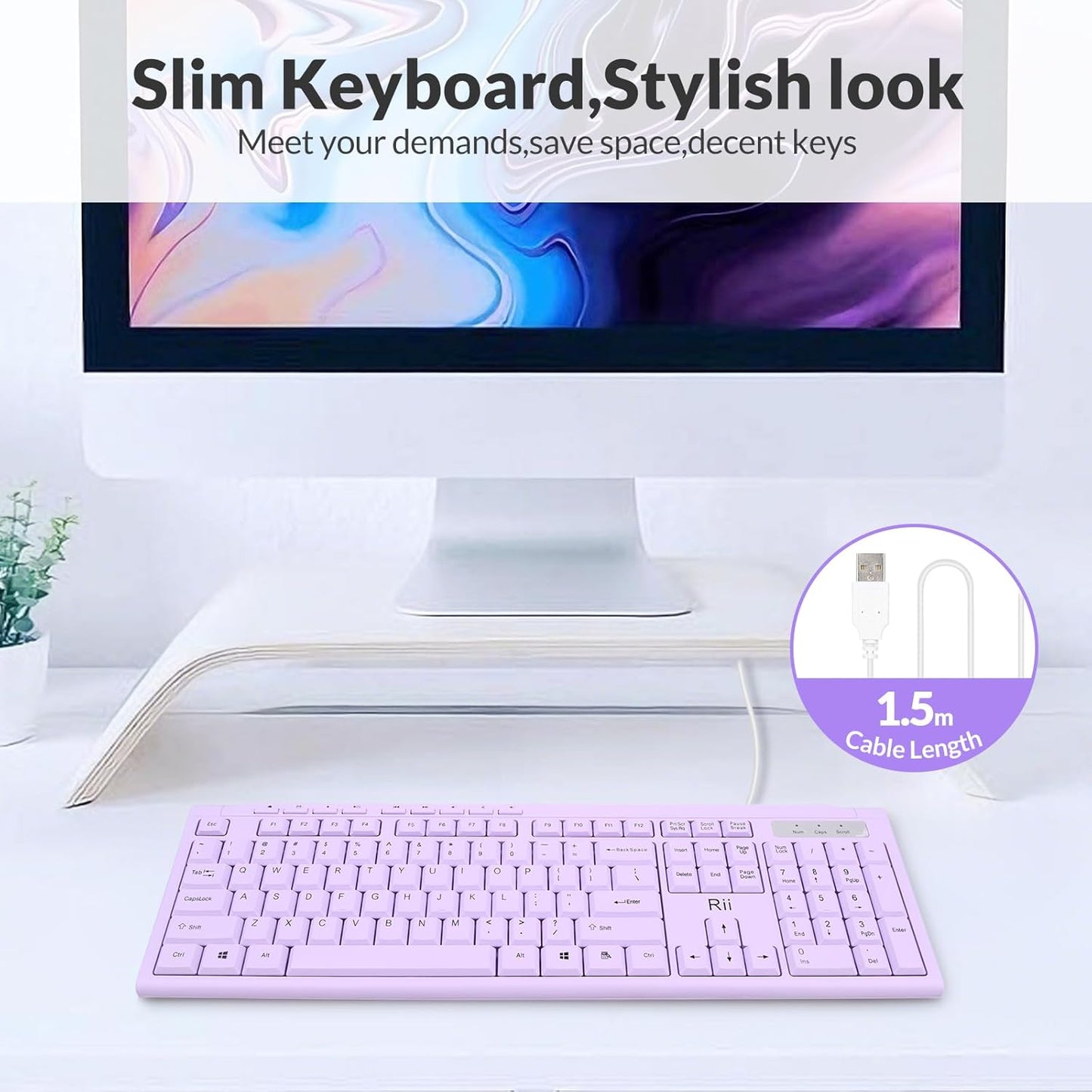 Rii RK907 10/8 7 Ultra-Slim Compact USB Wired Keyboard for Mac and PC,Windows / / Vista/XP(Purple)