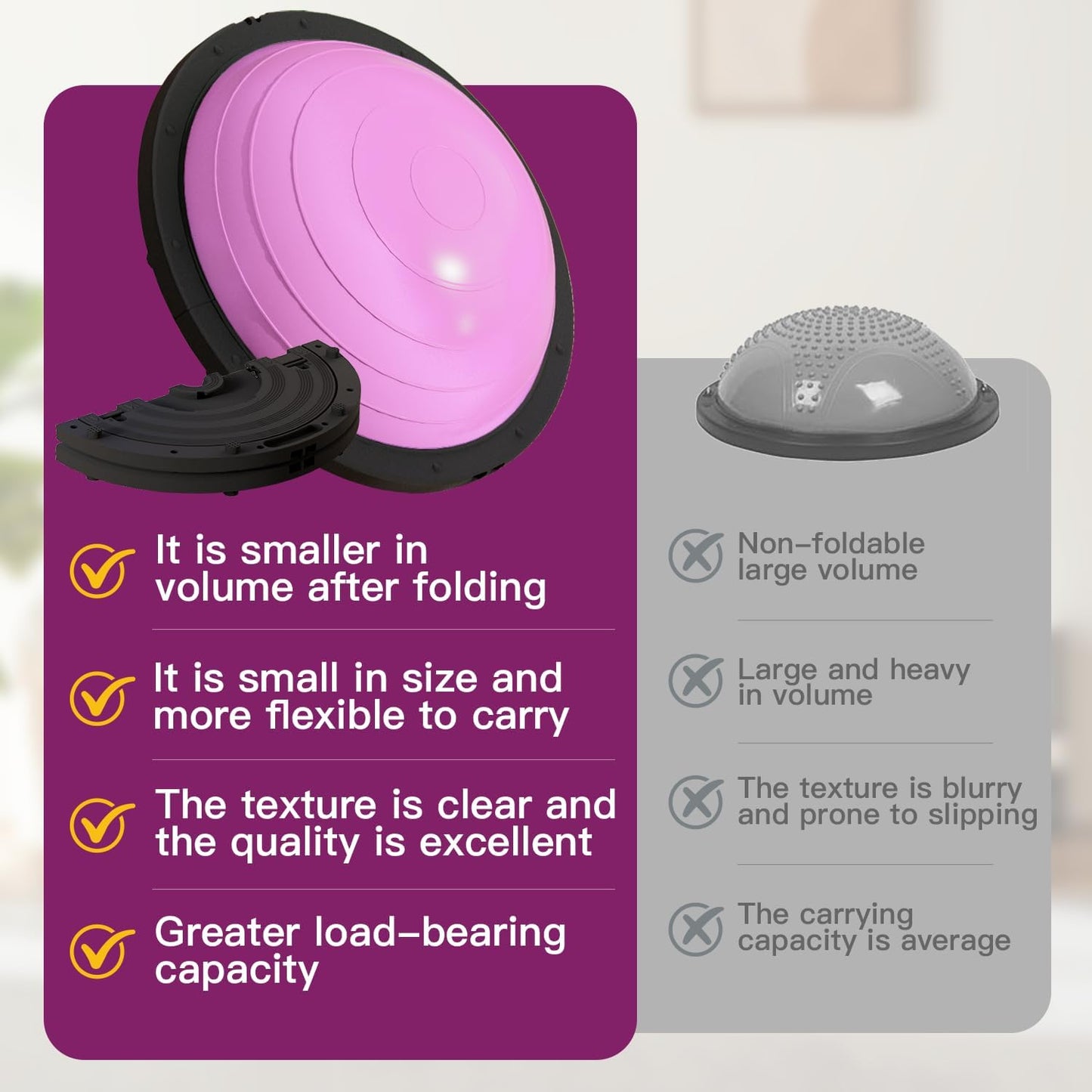 VTORY Foldable Balance Ball, Upgrate Half Ball Balance Trainer for Workout, 1300 lbs Capacity Stability Ball, 23.5 Inch Yoga Half Ball, with Resistant Band & Foot Pump, Full Body Workout, No-Slip Pink