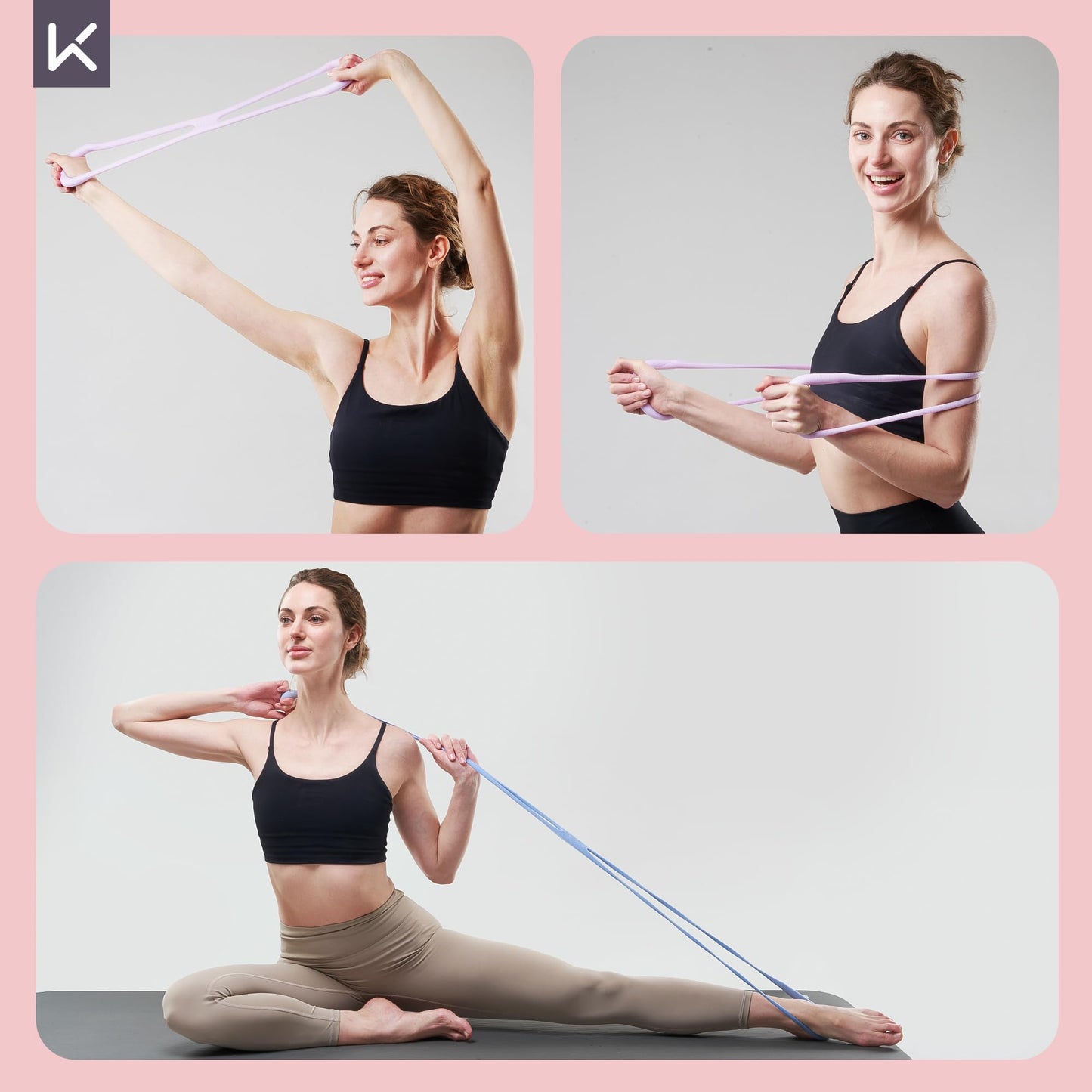Keep 3-Pack Figure 8 Resistance Bands - 15 lbs Stretch Exercise Cords for Arm Toning, Yoga & Pilates - Durable Non-Slip Fitness Bands Set for Women & Men (15 lbs Pink/Purple/Blue)