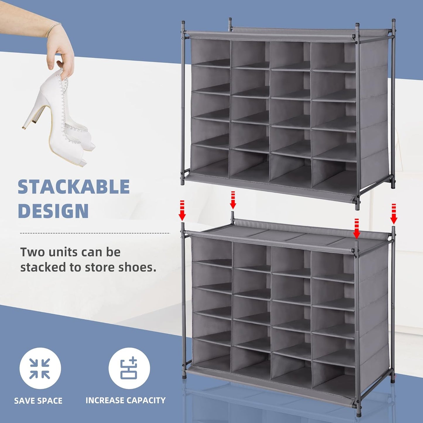 Storage Maniac Stackable Shoe Cubby Organizer - 20-Cube Gray Free-Standing Rack for Entryway & Closet
