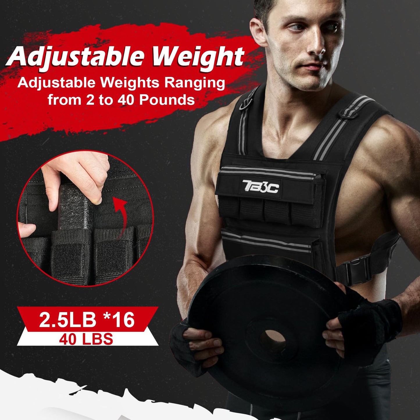Adjustable Weighted Vest Men，40lb Weights Vest with Reflective Stripe, Weight Vest Workout Vest for Strength Training Running Walking Workout Vest for Men and Women
