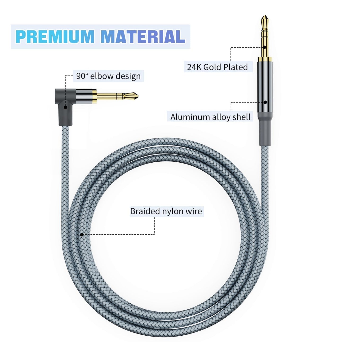 3.5mm 90 3.5mm (2 PACK 3.94FT/1.2M) Aux Cable Cord,Hi-Fi Sound Degree Nylon Braided Male to Male Stereo Aux Cables