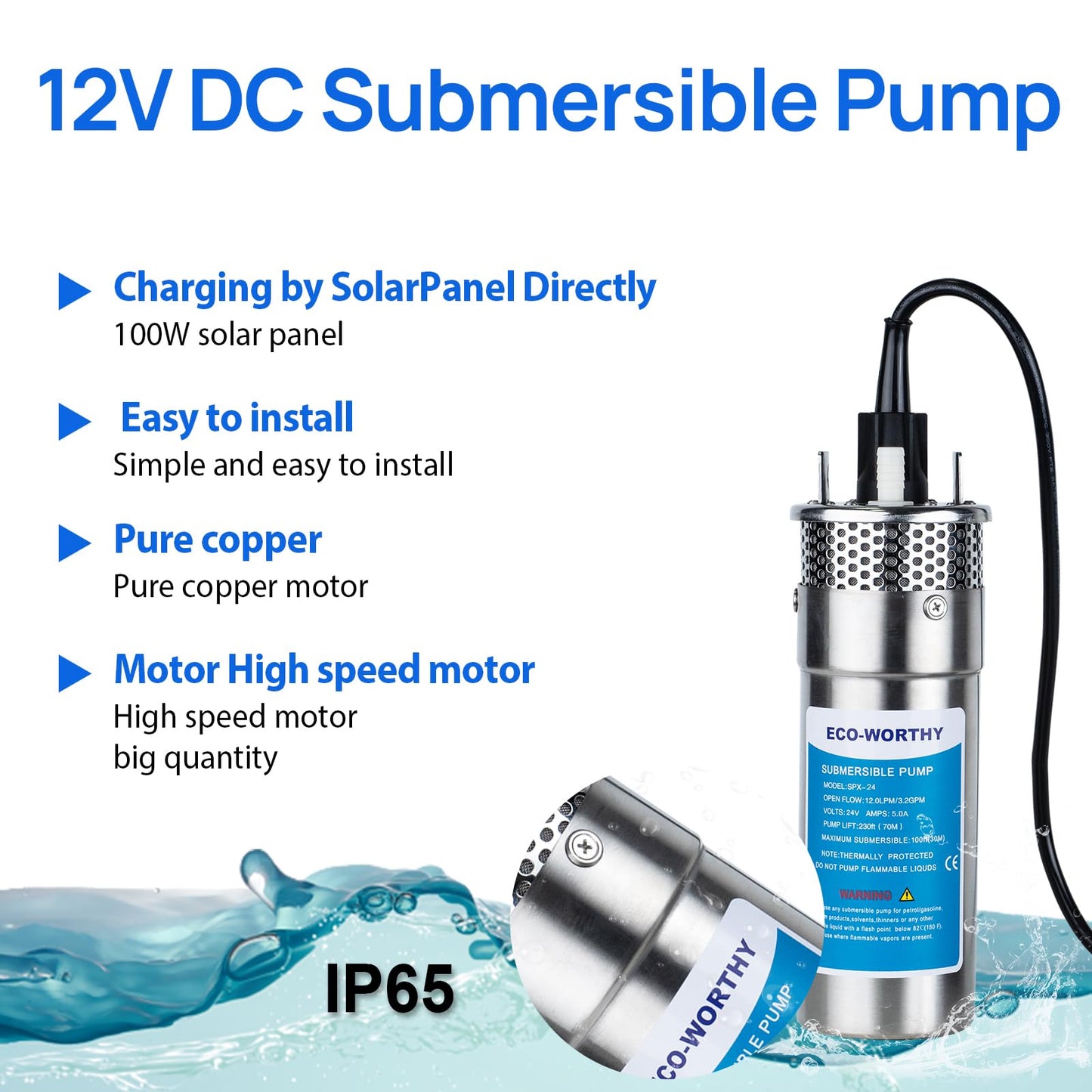 ECO-WORTHY 12V DC Submersible Deep Well Pump, MAX Flow 3.2GPM, Max Head 230ft, Water Pump Powered by Solar or Battery for Well, Livestock Drinking or Tank Filling…