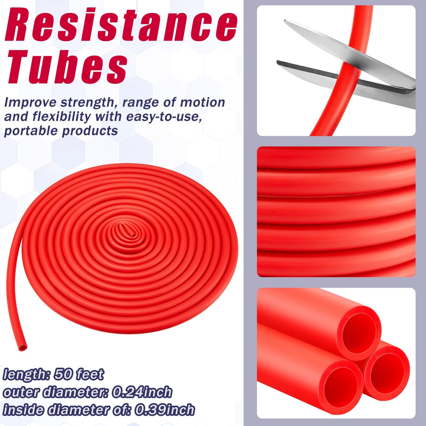 Wesnoy 1 Roll Resistance Tubes Exercise Tubing 50ft Exercise Bands Tubing for Therapy, Lower Pilates, Home Workouts, Rehab Core(Red,Beginner Level 3)