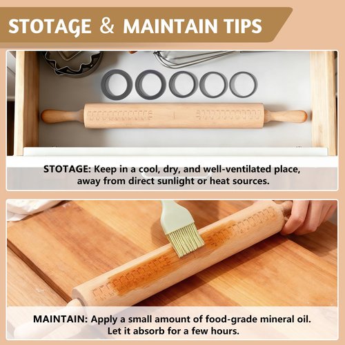 Long Adjustable Wood Rolling Pin: 21.1 Inch Rolling Pin with Thickness Rings and Measurement - Wooden Dough Roller for Baking Pastry Pizza Pie Crust Tortillas Cookie Bread - Bakers Baking Lovers