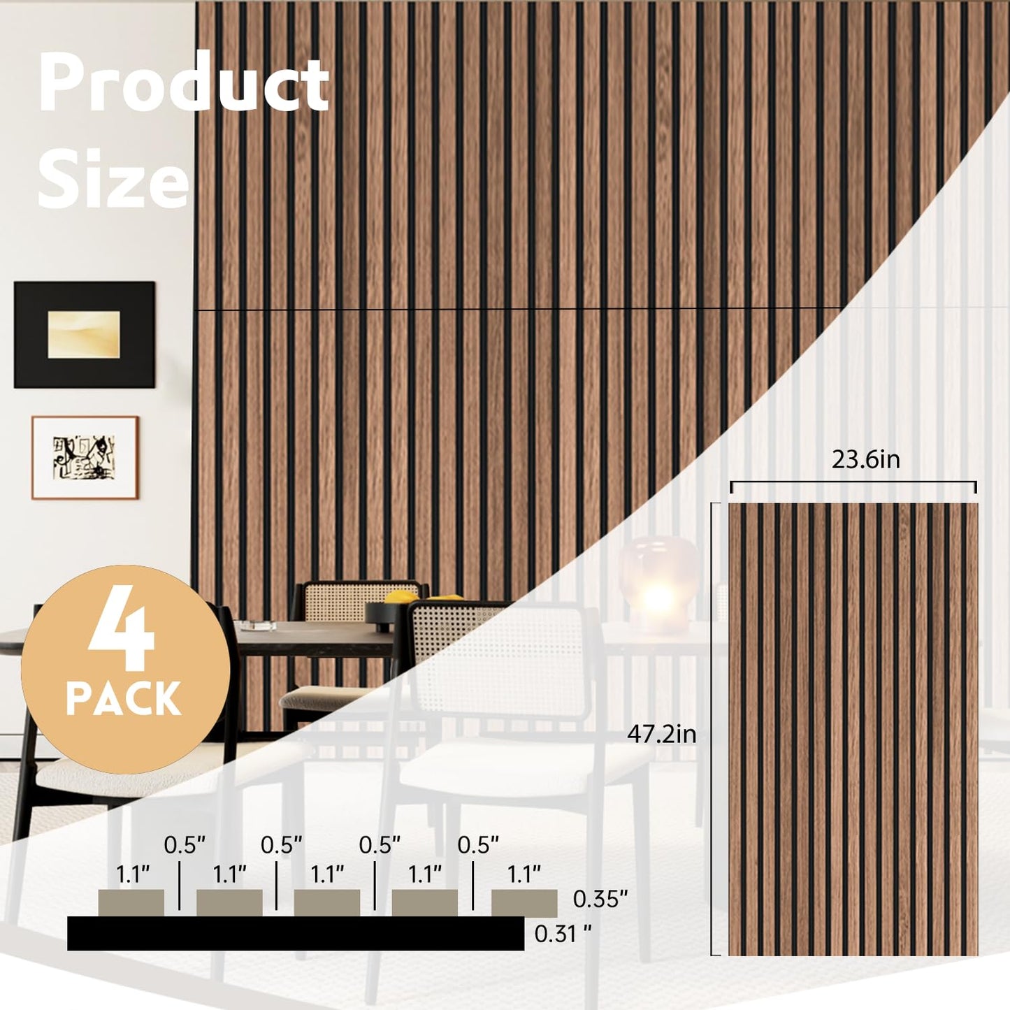 RITOLLO 4 Pack Wood Panels for Wall - 47.2"×23.6" Wood Slat Acoustic Panels for Wall, Soundproof Panels, 3D Fluted Panels for Interior Wall Decor (Walnut)