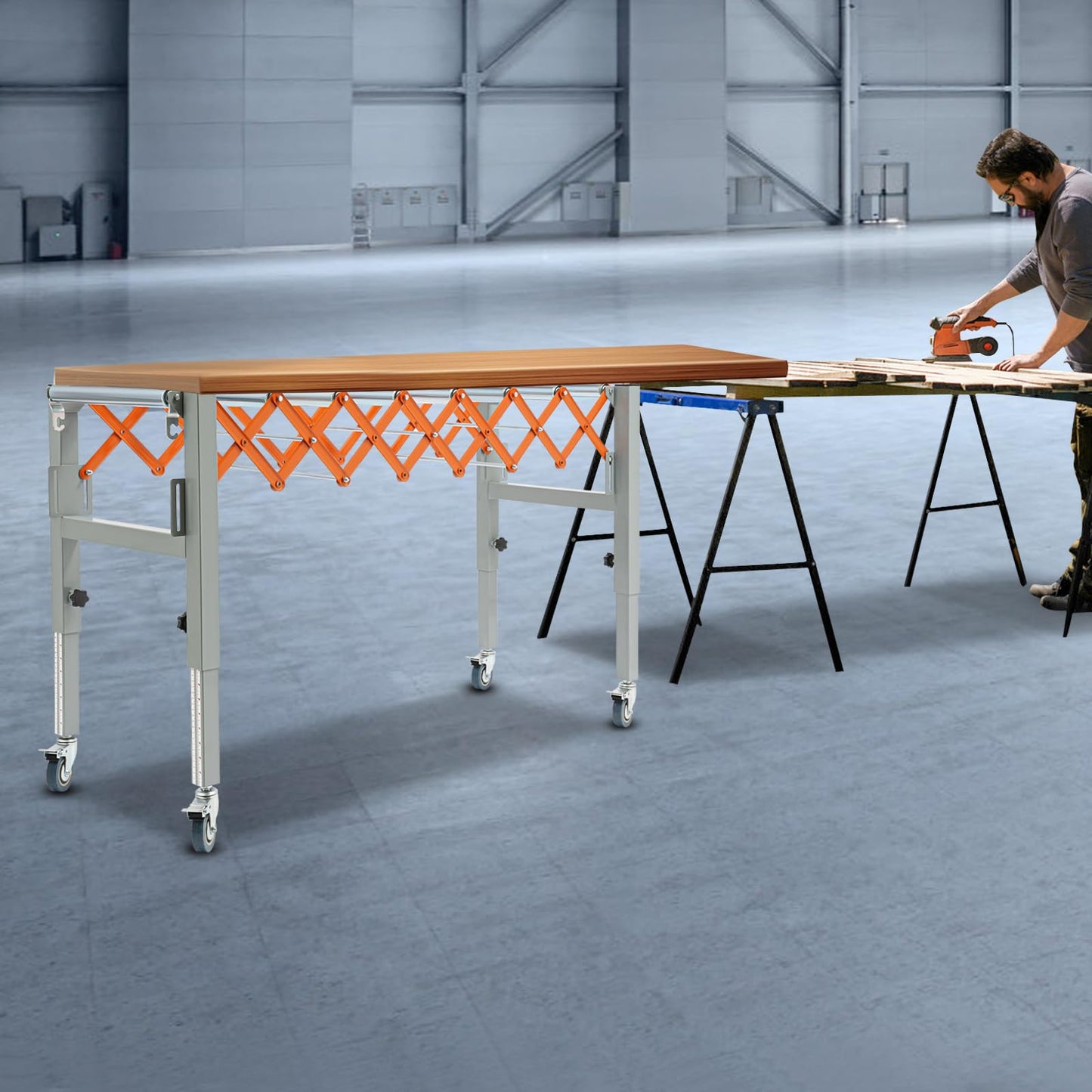Adjustable Conveyor Roller Stand, Expandable Gravity Conveyor on Wheels Infeed/Outfeed Support Roller Turning Conveyors Belt with 2 Hooks for Warehouse Factory Various Conveying