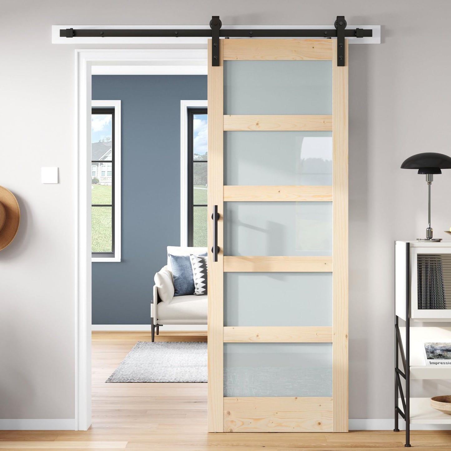 ROYMELO 32x84 inch Glass Sliding Barn Door Slab with 5.5ft Hardware Kit Included, 5-Panel Frosted Glass, Spruce Wood Support DIY Dyeing, Easy Assembly