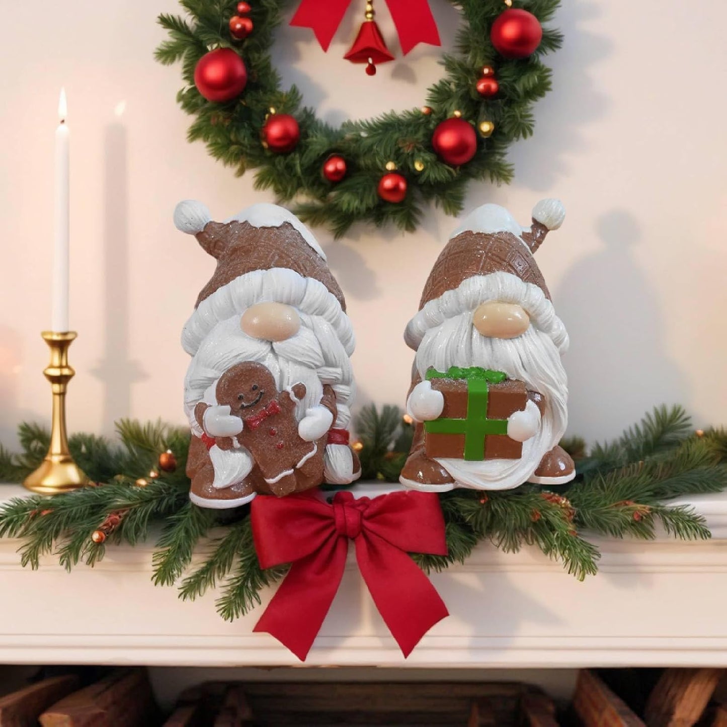 Skiennix Gnome Christmas Decorations - 2Pcs Resin Gingerbread Gnomes Figurines | 4.5 Inch Indoor Table Decor Gifts for Women