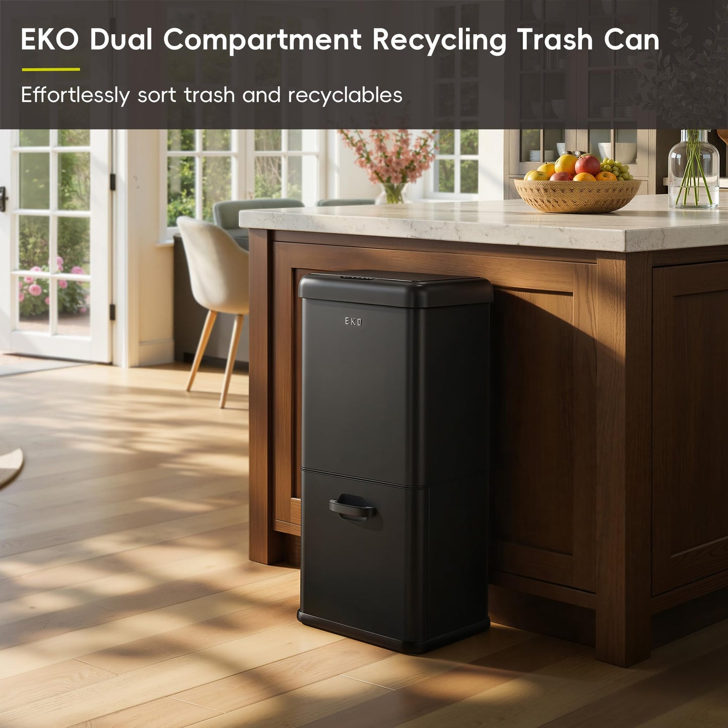 EKO Vintage 50L / 13.2 Gallon Motion Sensor Trash Can, Dual Compartment 32L + 18L Stainless Steel Kitchen Garbage Bin, Touchless Automatic Waste & Recycling Bin with Lid for Home Office, Matte Black