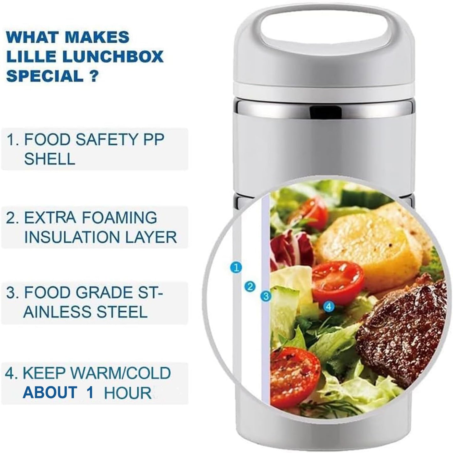 Lille Home Stackable Stainless Steel Thermal Compartment Lunch/Snack Box, 3-Tier Insulated Bento/Food Container with Lunch Bag, Utensils Set and Three Extra Seals, 43OZ (Gray)