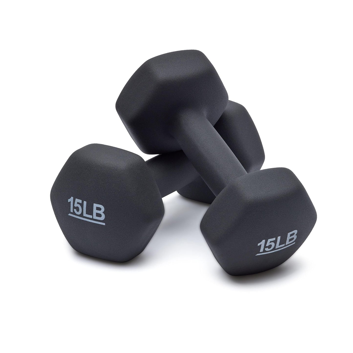 Amazon Basics Neoprene Hexagon Shape Dumbbell Hand Weights, 15 Pounds, Home Workout, Dark Grey, Pair