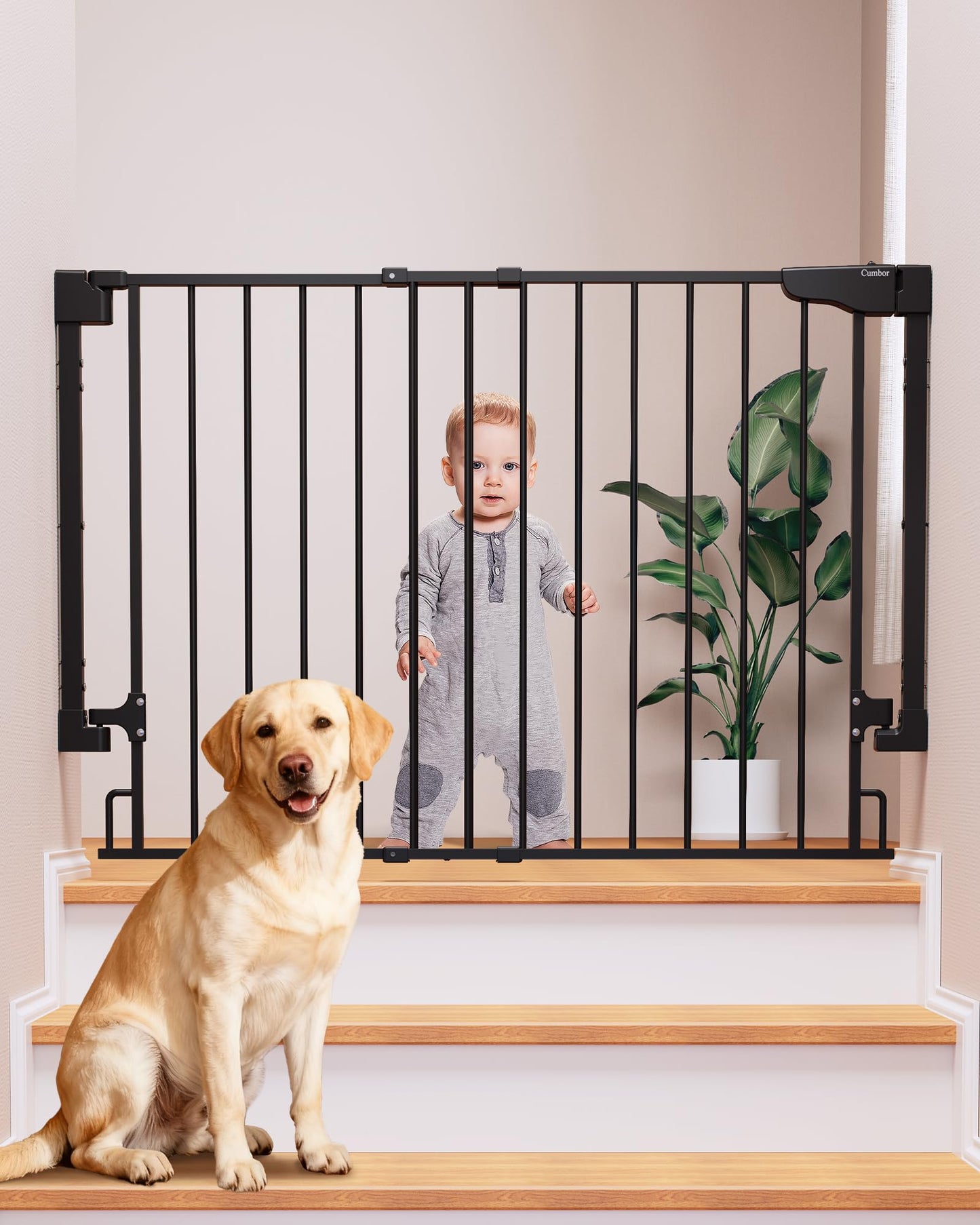 Cumbor 29.2–43" Baby Gate for Stairs, Hardware Mounted (Drill Required), Expandable No Bottom Bar Dog Gate, Auto Close Extra Wide Walk Thru, Pet & Toddler Proof Gate, Top & Bottom of Stairways(Black)