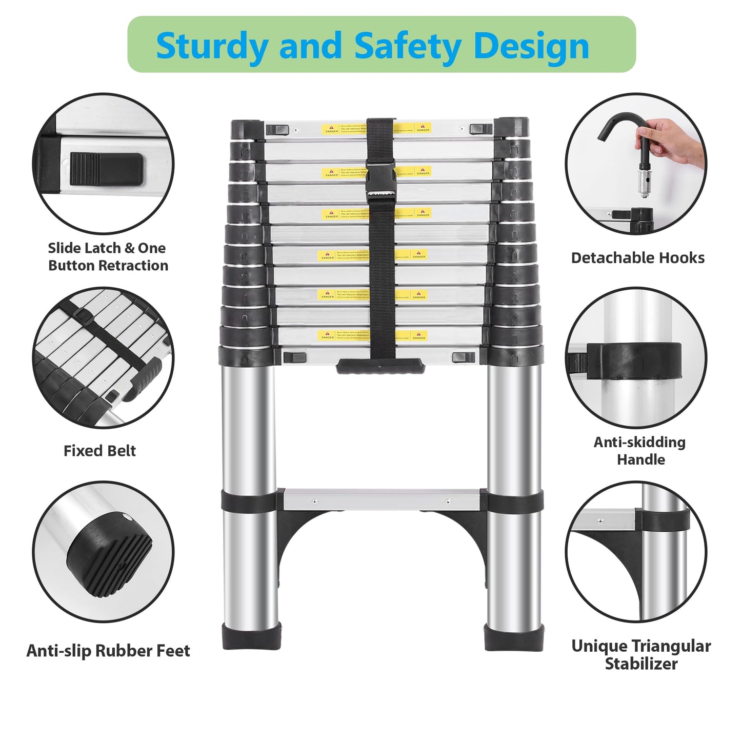 DEZEX Telescoping Ladders 16.5 FT Aluminum Ladder - One-Button Retraction Collapsible Extension Ladder with 2 Triangle Stabilizers & Hooks for Home, Outdoors, RV, Attic & Loft, Lasts 330 LBS