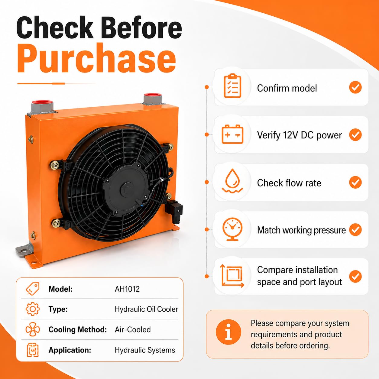 AH1012T-CA Hydraulic Oil Cooler 12VDC 120W Air Oil Cooler 100L/min 2MPa Hydraulic Radiator with Fan for Hydraulic Systems, Industrial Machinery, Excavator, Tractor Cooling