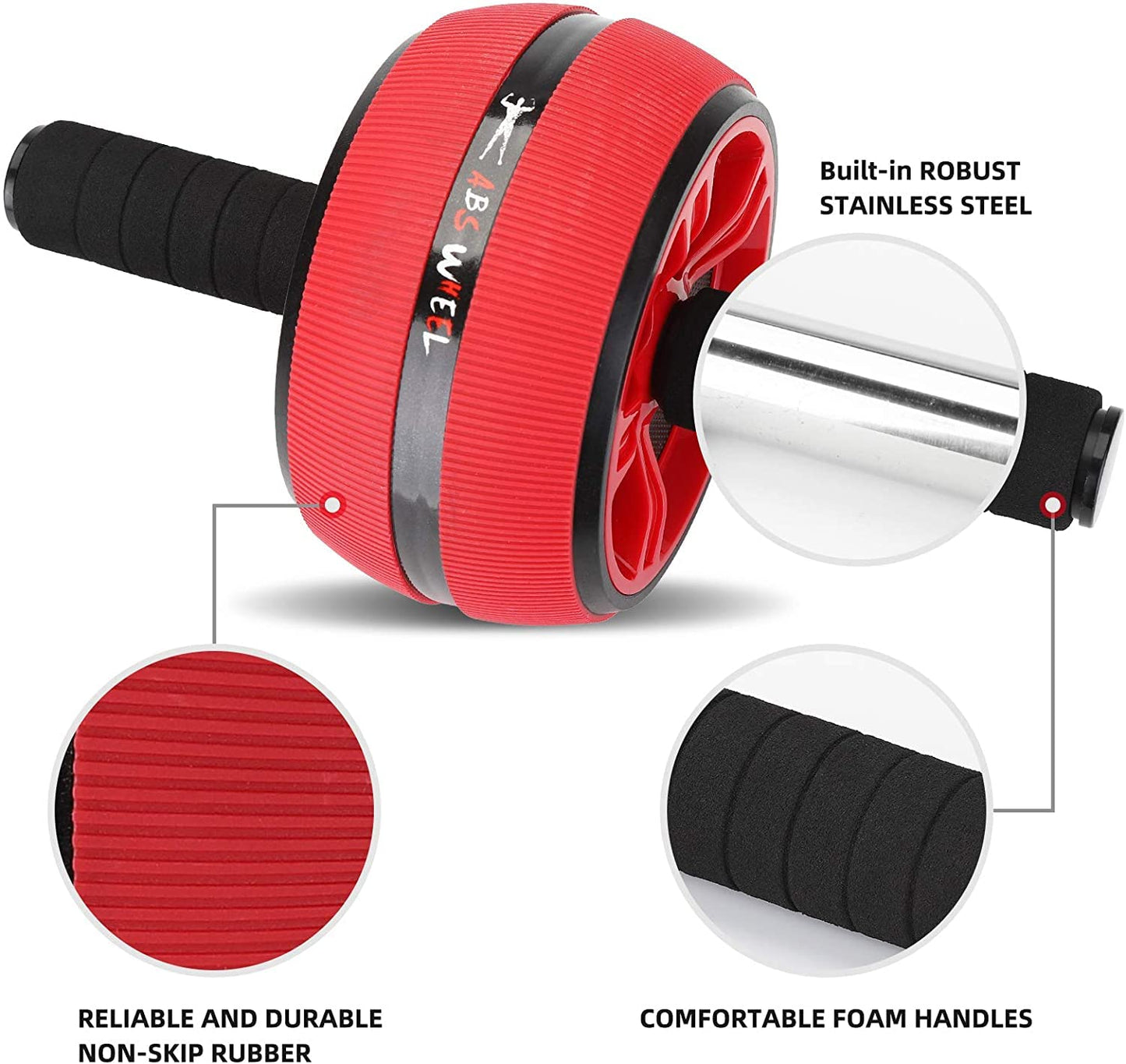 Bssay Ab Roller Wheel, Abs Workout Equipment for Abdominal & Core Strength Training, Exercise Wheels for Home Gym Fitness, Wider Ab Machine with Knee Pad Accessories Red-no resistance rope