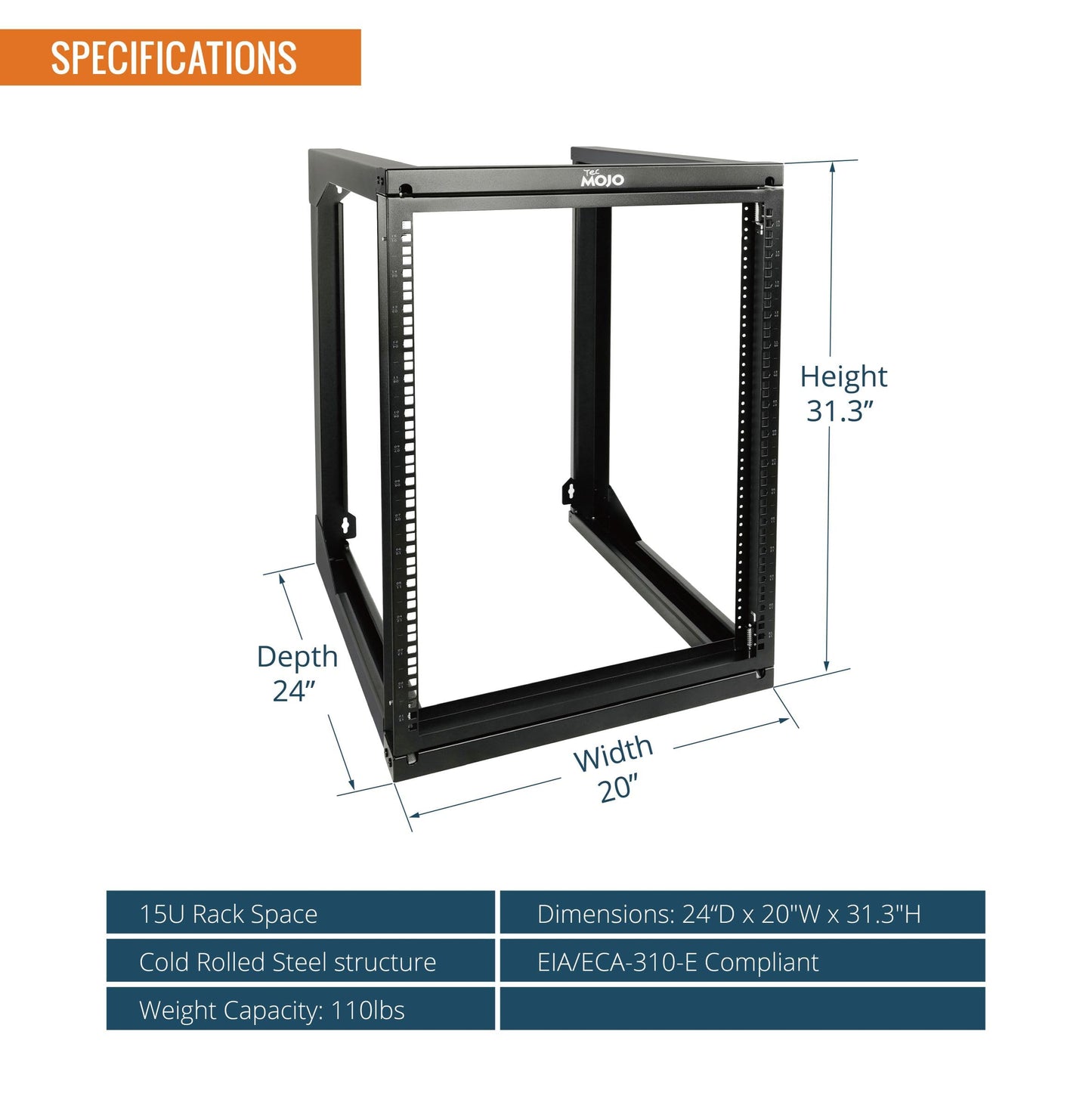 Tecmojo 15U Wall Mount Server Rack, Open Frame Network Rack for 19" Computer/AV/Data/IT/Media Equipment, 24" Depth, 16" Apart Mounting Holes, Swing Gate, Square and Tapped Holes