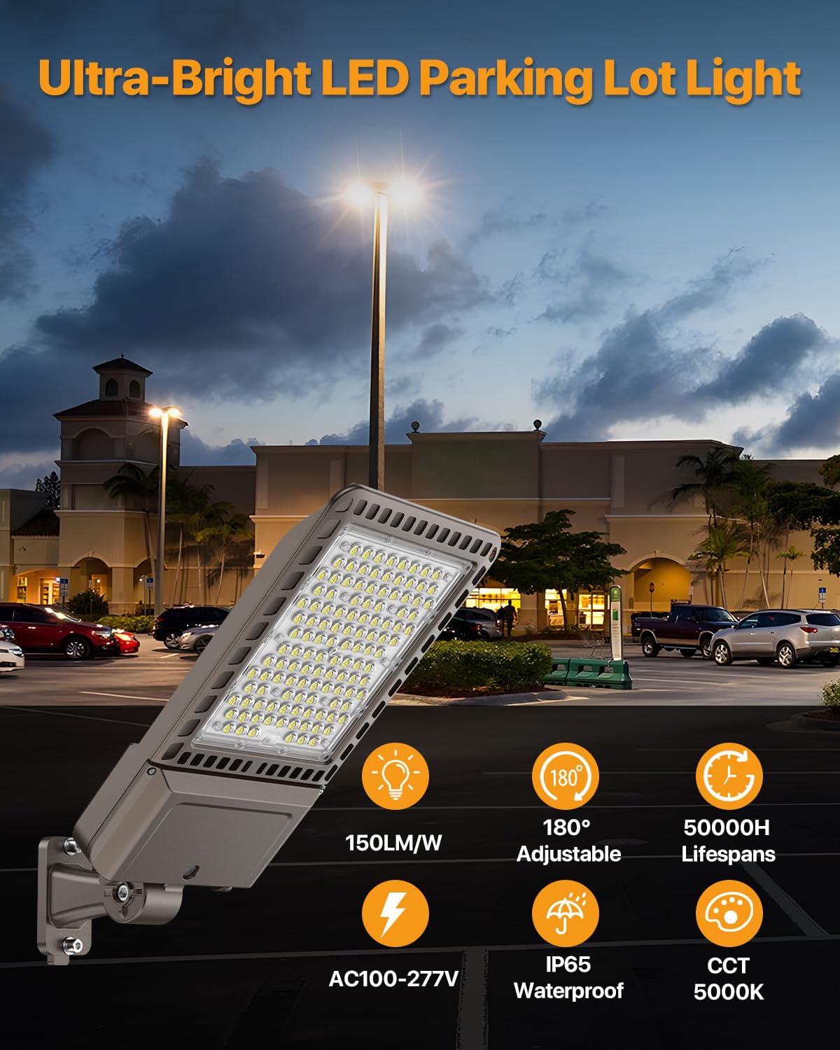 DEMILARE Parking Lot Light 300W - 45,000LM 5000K Outdoor Adjustable Arm Mount Led Shoebox Light with Dusk to Dawn Photocell 100-277V IP65 Waterproof Commercial Street Area Lighting for Roadways