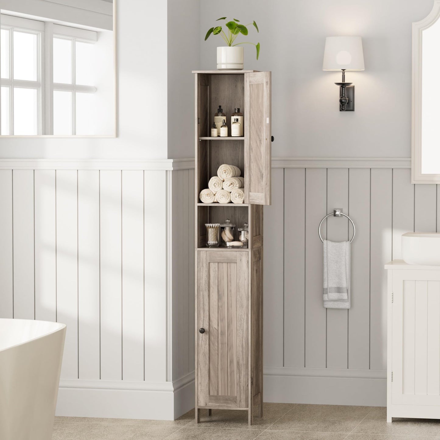 Homleke Tall Bathroom Storage Cabinet with 2 Doors, 67"H Narrow Storage Cabinet with Adjustable Shelves& Anti-Tip Design, Reversible Door Installation, Easy Assembly, 11.8 x 11.8 x 66.9 Inches, Greige