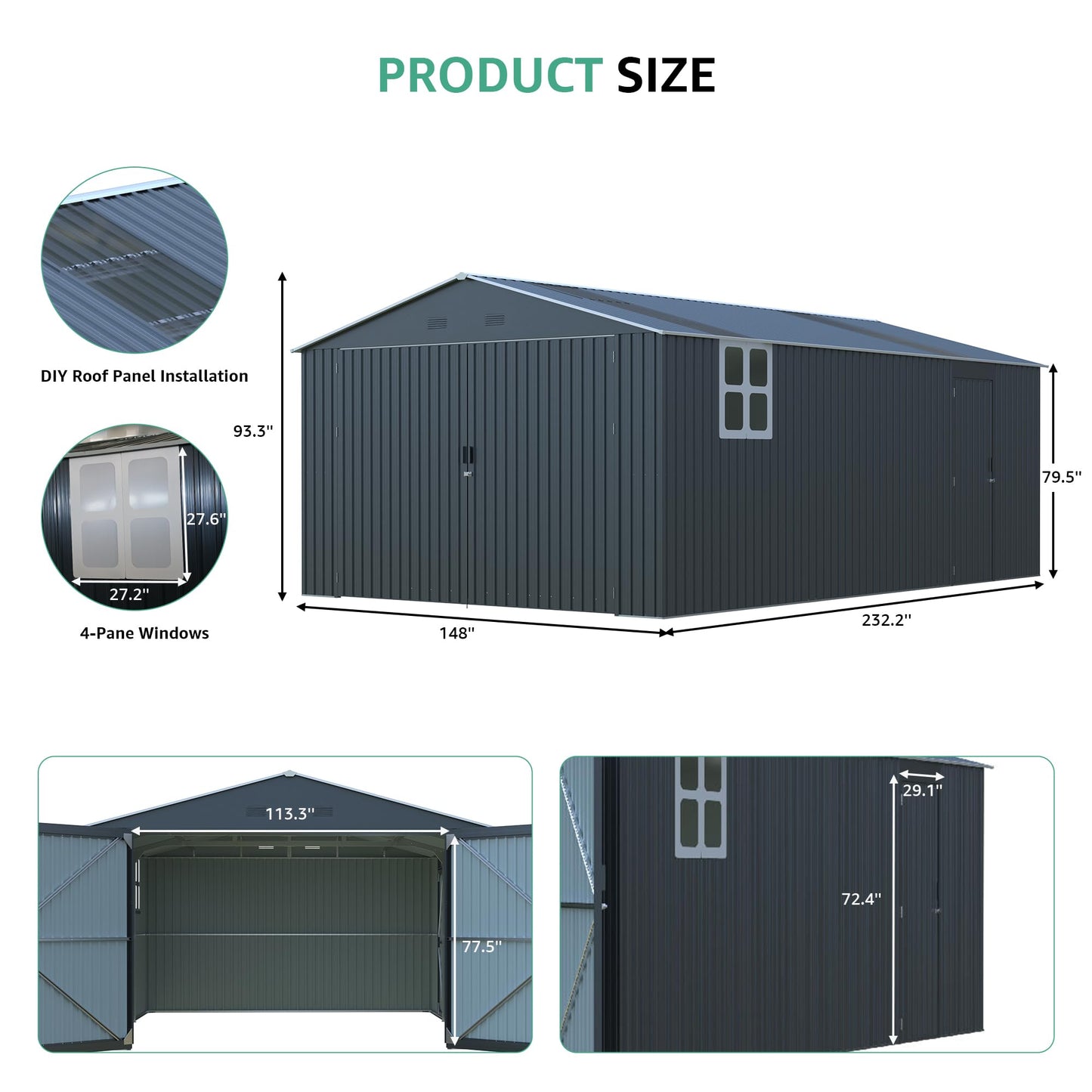 KEIKI 13x20FT Garage Shed, Large Metal Outdoor Storage Shed with 2 Windows & 2 Translucent Panels for Car, Truck, Bike, Lawnmower, Backyard Tool