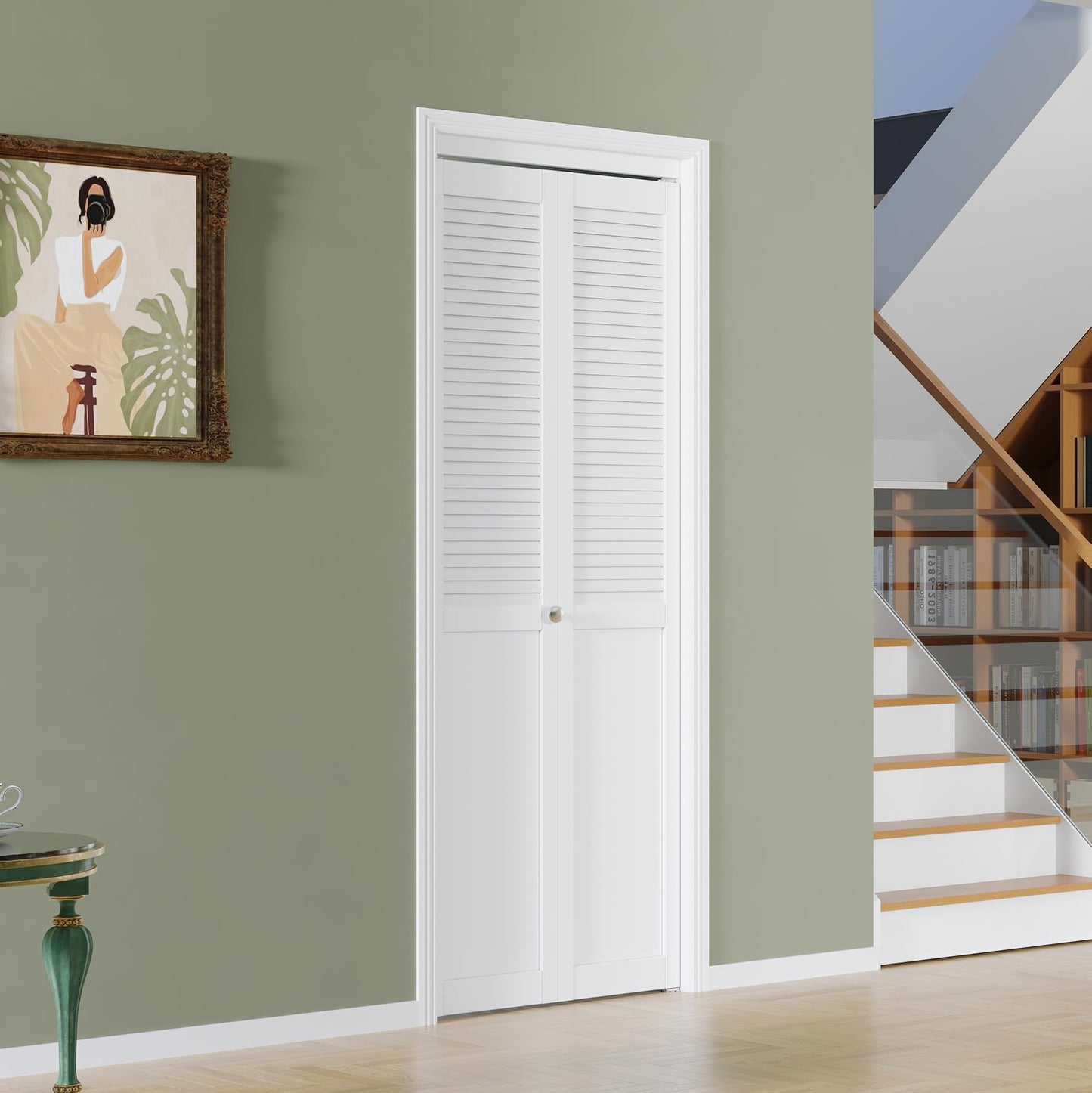 BARNER HOME Half Louvered Bi-Fold Door, Fits 24" x 80" Standard Openings, White Folding Closet Door with Hardware Kit, Ventilated Top MDF 2 Panels, Ideal for Laundry, Bedroom, or Pantry