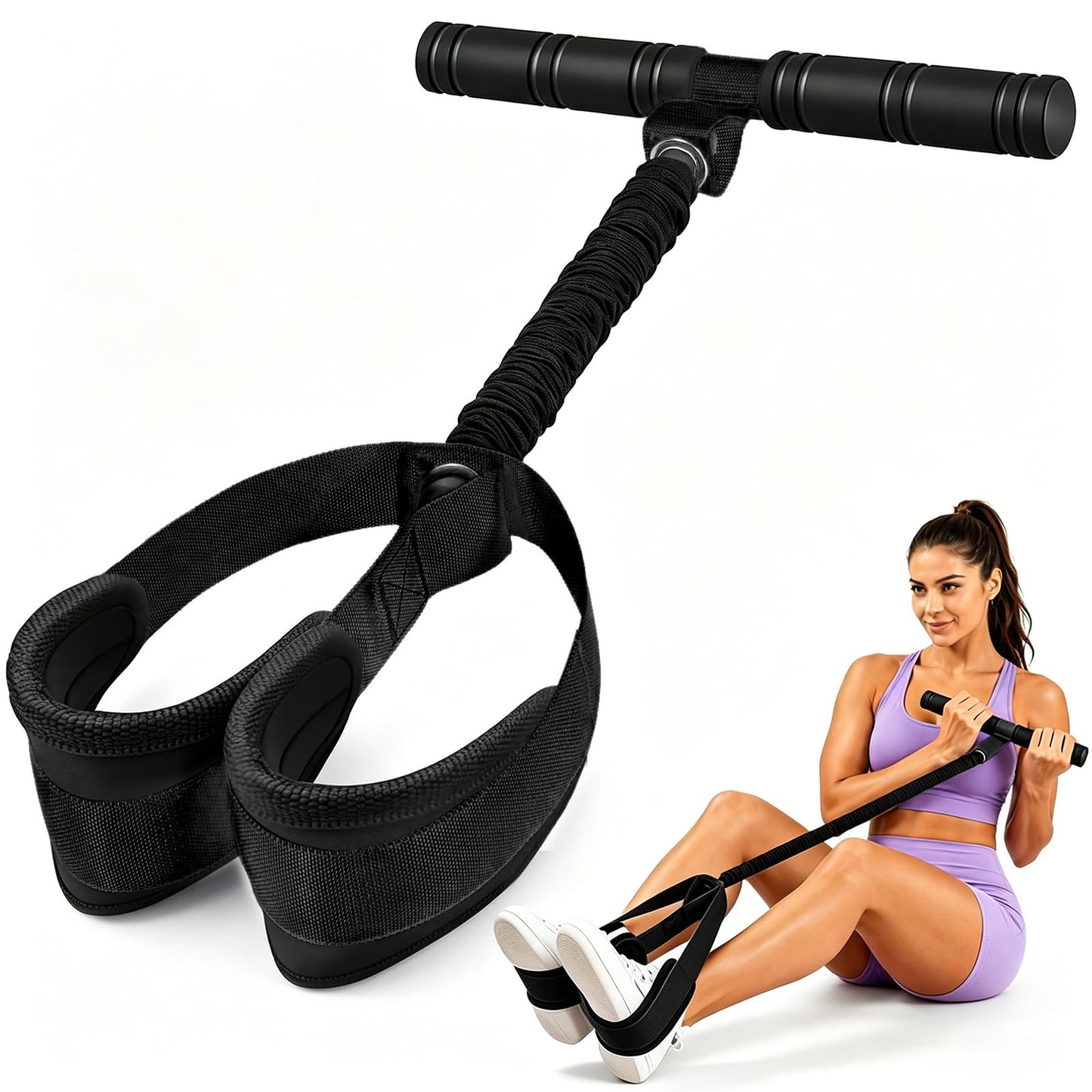 55 LBS Pedal Resistance Band with Handle-Non-Slip Fabric Foot Pedals Resistance Bands with Handles Home Workout Sit Up Exercise Equipment Thickened Latex Tubes Portable Home Workout Equipment (Black)
