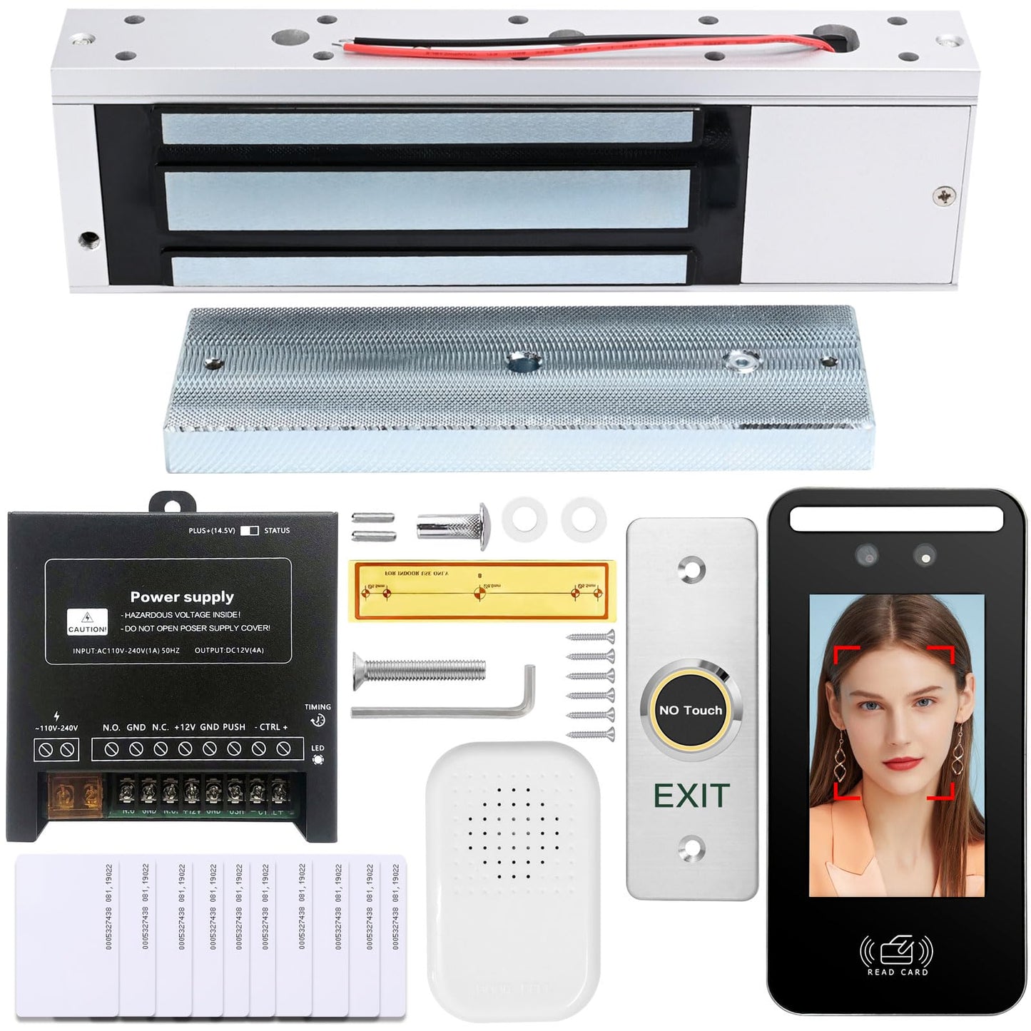 Facial Recognition Access Control System Kit w/5" Screen & 1.3MP Camera, 1200lbs Magnetic Lock, Keypad/RFID Entry, AC110V-DC12V Power & Infrared Switch for Home/Business (J60-1200LBS Face ID Kit)