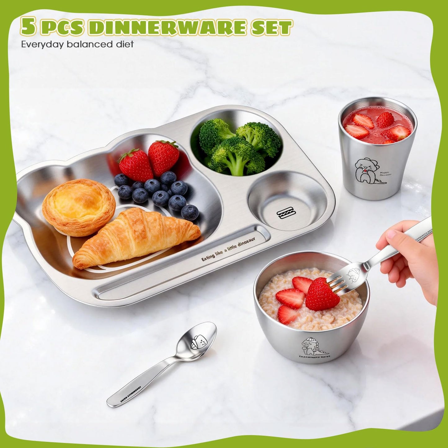 Greentainer Stainless Steel Kids Dinnerware Set, Unbreakable 304 Steel Toddler Plate with 3 Compartments, Baby Led Weaning Bowl, Cup, Fork & Spoon, Dishwasher Safe, BPA Free, Drop Proof for Boy & Girl
