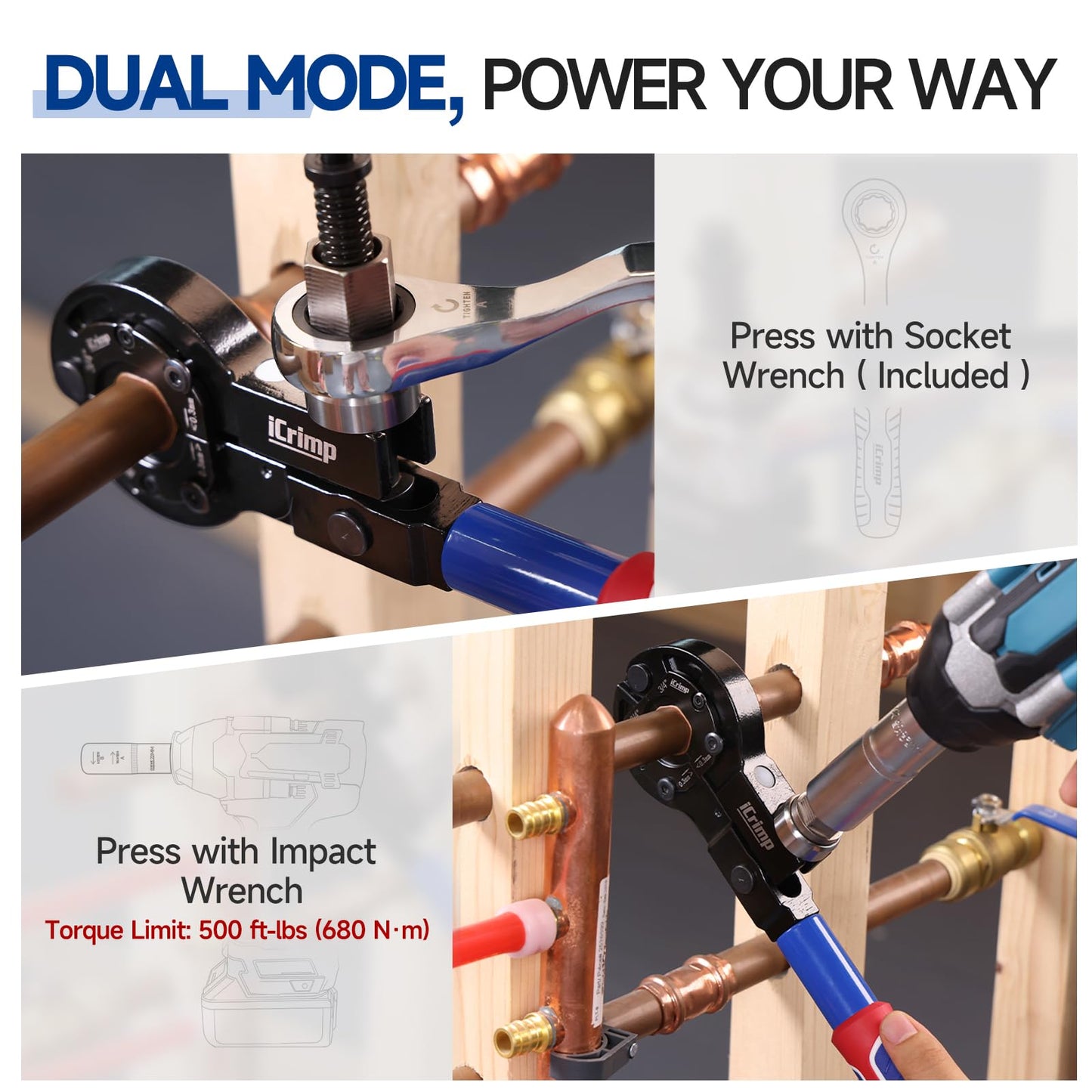 iCrimp Copper Pipe Press Tool for 1/2" 3/4" 1" Fittings, Manual Wrench & Electric Socket Dual-Drive Crimping Tool with Cutter, Compatible with ProPress, Compact Design for Tight Spaces