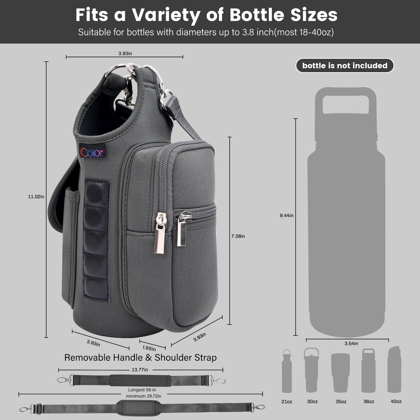 icolor Magnetic Gym Bag Water Bottle Carrier Holder with Phone Pockets & Shoulder Strap Small Gym Bag 5 Built-in Magnets Gym Accessories Organizer Magnetic Bottle Pouch for Men Women (Gray)