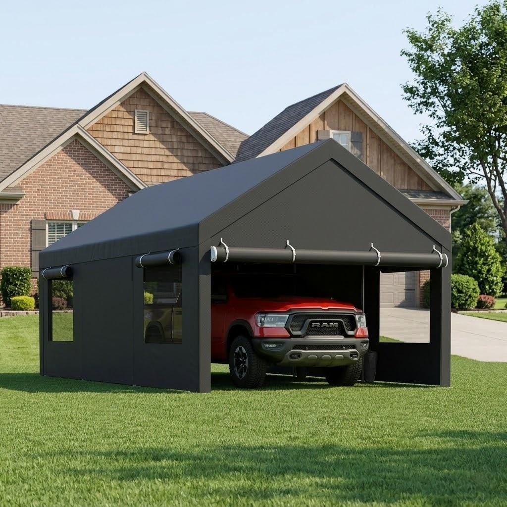 12x20 FT Heavy-Duty Design Carport,Portable Garage Canopy,Carport Canopy with Side-Opening Removable Door & Roll-Up Window,Portable Car Port for Car, Truck, Boat,Grey