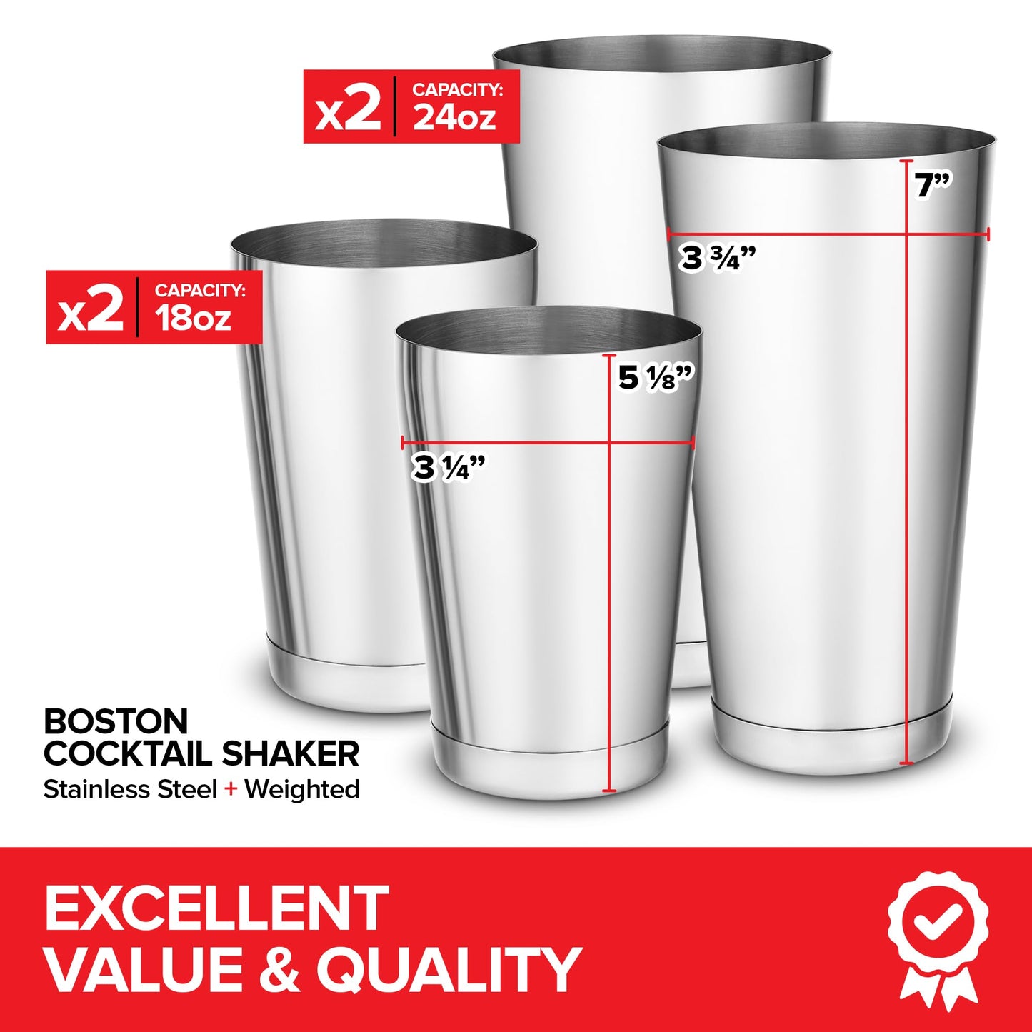 Boston Cocktail Shaker, Drink Mixing Set (18oz & 28oz) Weighted Stainless Steel Shaker Tins, Cocktail & Martini Mixed Drink Shakers, Essential & Professional Bar Tools For Bartending