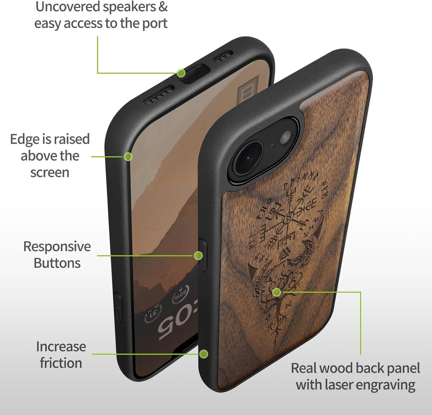 Carveit 16e 17e, Magnetic Wooden Case for iPhone / Solid Wood & Black TPU, Artisan Engraved Design, Shockproof Cover