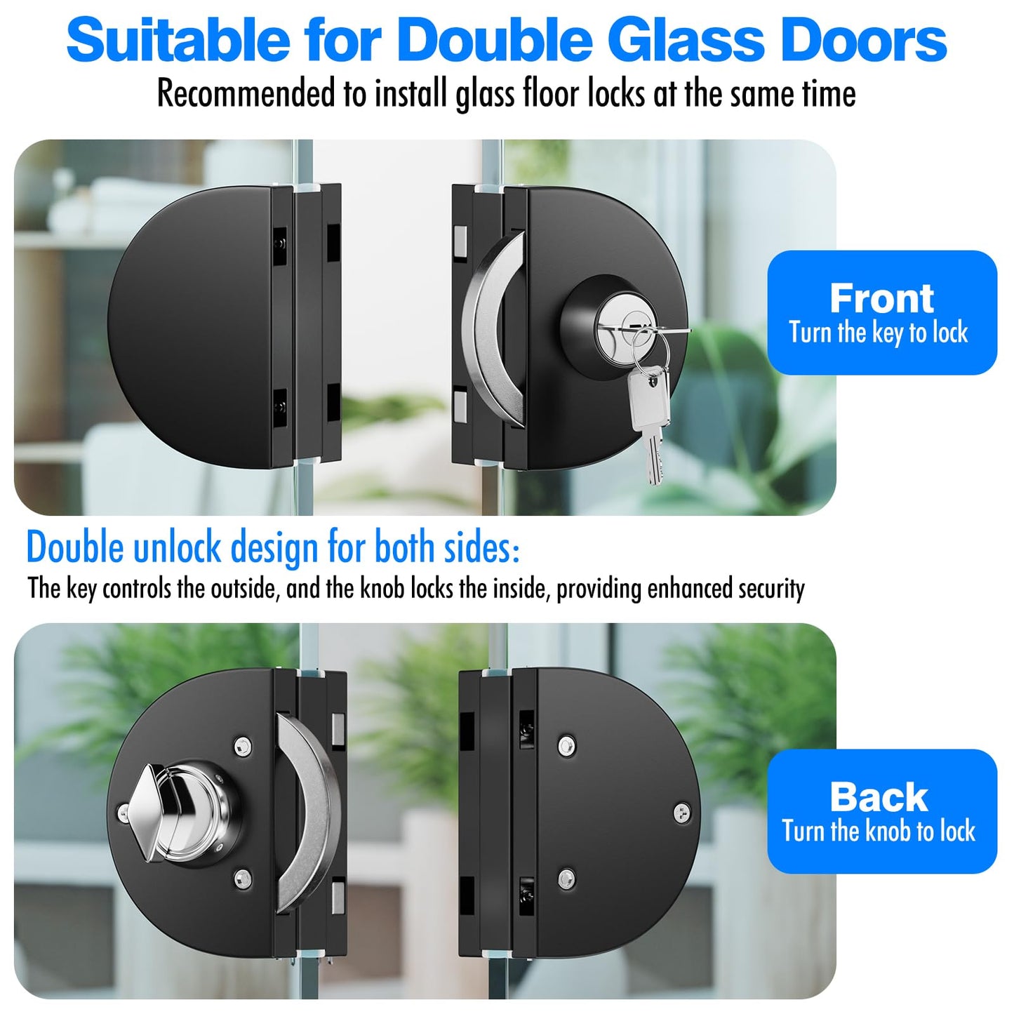 Ranbo Frameless Double-Sided Glass Door Lock,Clamp-On No-Drill,304 Stainless Steel,for 3/8"–1/2"(10–12mm) Sliding Door—for Office,Storefront,3 Keys,Matte Black—Double Swing Door Floor Lock Required