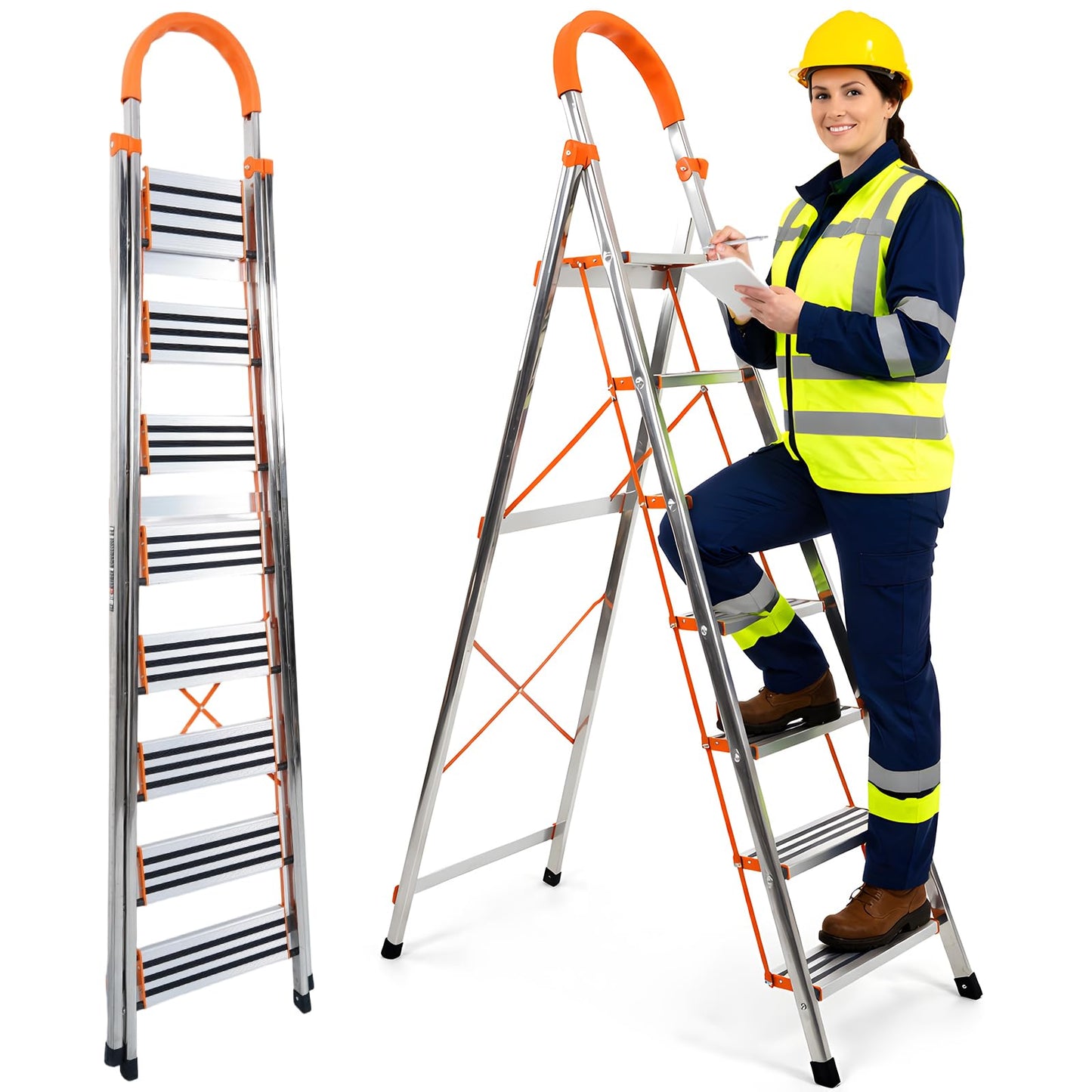 8 Step Ladder, 330lbs Load Capacity, Carbon Steel Step Stool with Non-Slip and Widen Pedals, Step Ladder with Safe Handrail, Space Saving for Home, Kitchen, Indoor & Outdoor