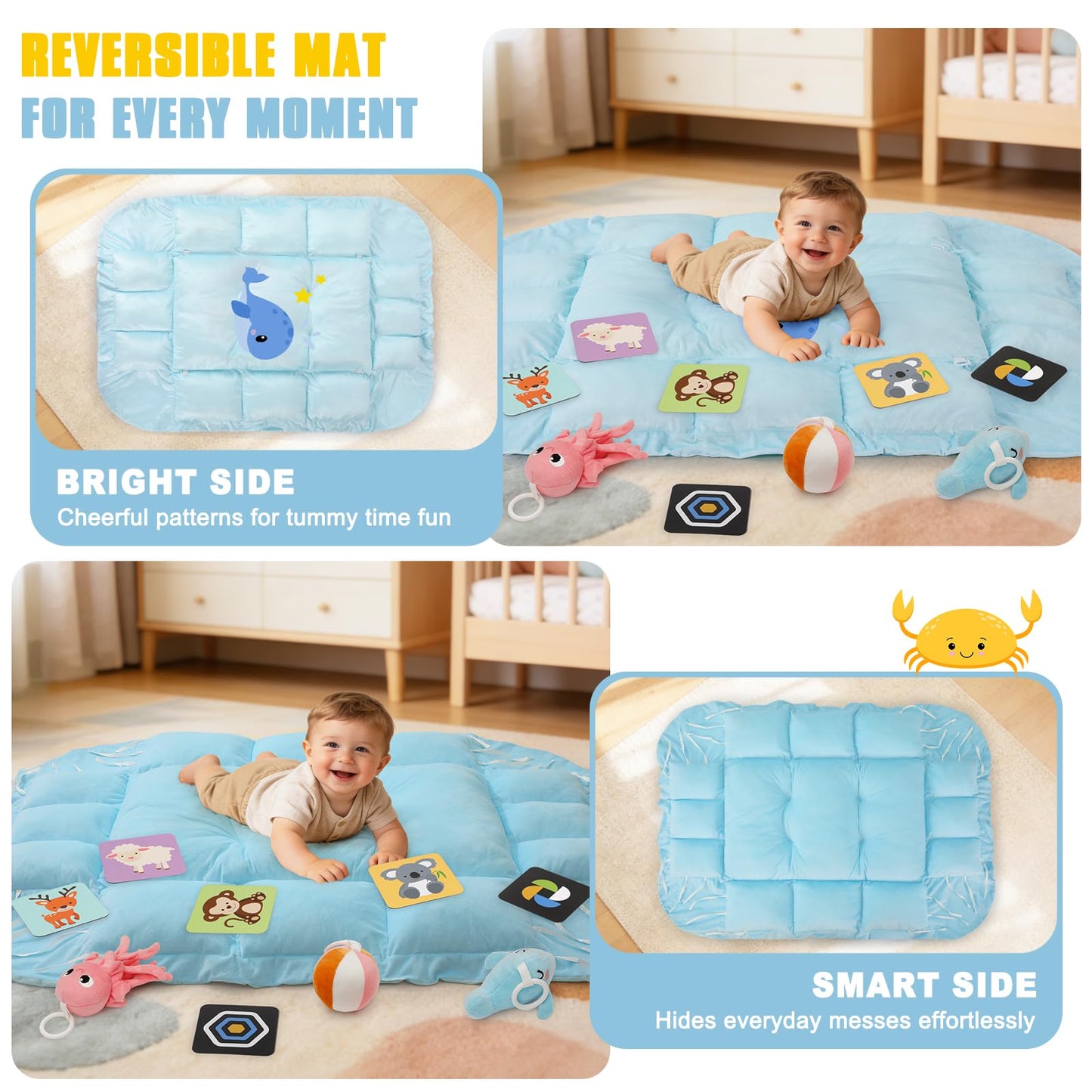 5-in-1 Tummy Time Mat Baby Activity Gym with Cartoon Pattern, Extra Thick Plush Play Floor Mat, Featuring Hanging Toys, Sensory Development Gym & Lovely Gift for Newborn Baby, Whale