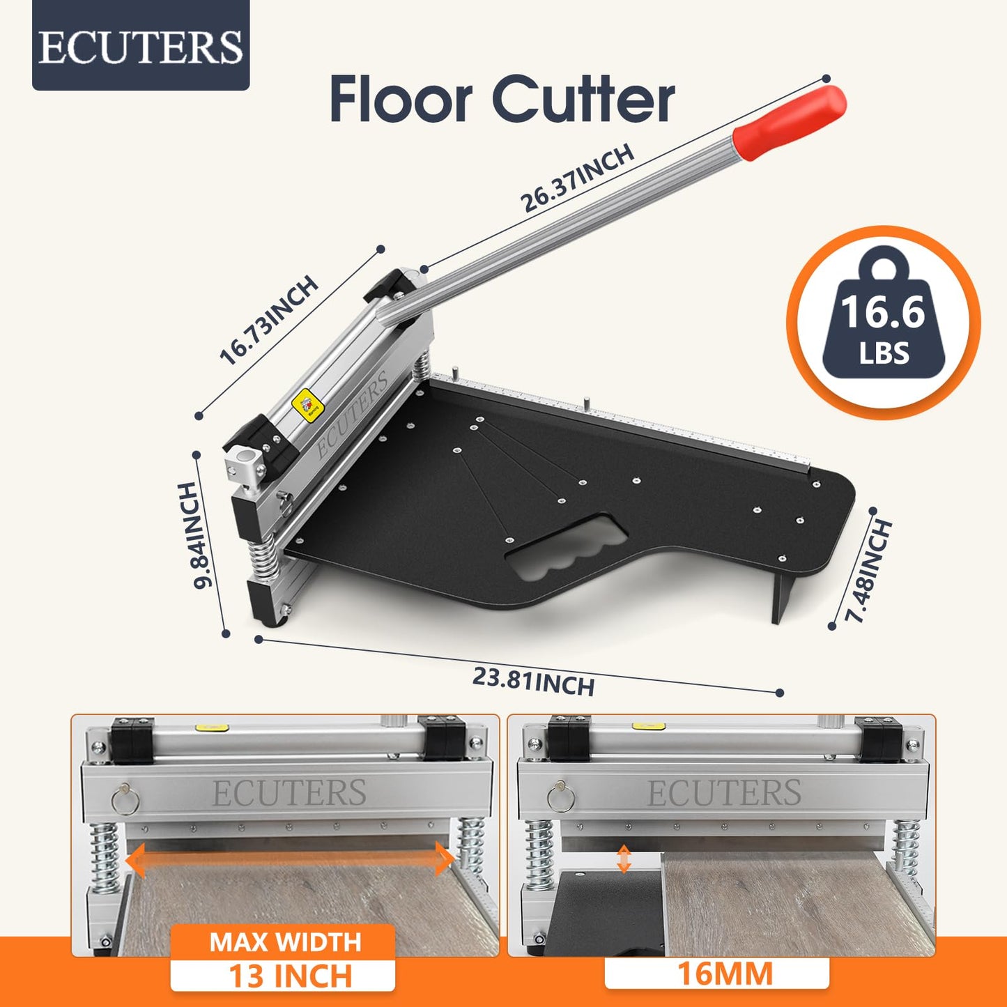 13“ Laminate|Vinyl Floor Plank Cutter with Blade, ECUTERS Heavy Duty Flooring Cut Up to 16mm Thick Floors, Portable Angle Length Cutting Flooring Tools - Engineer Wood Parquet LVP LVT VCT SPC WPC