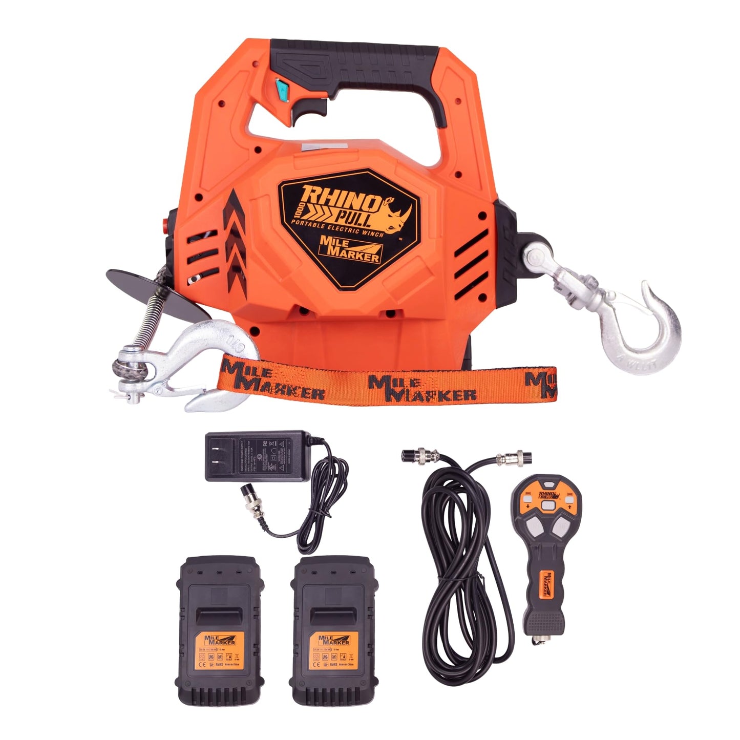 Mile Marker 71-1000 71-1000-29 Rhino Pull 1000 Portable Electric Winch | 39 Feet of Synthetic Rope | Lifts or Pulls Up to 1000 Pounds | Includes Extra Battery