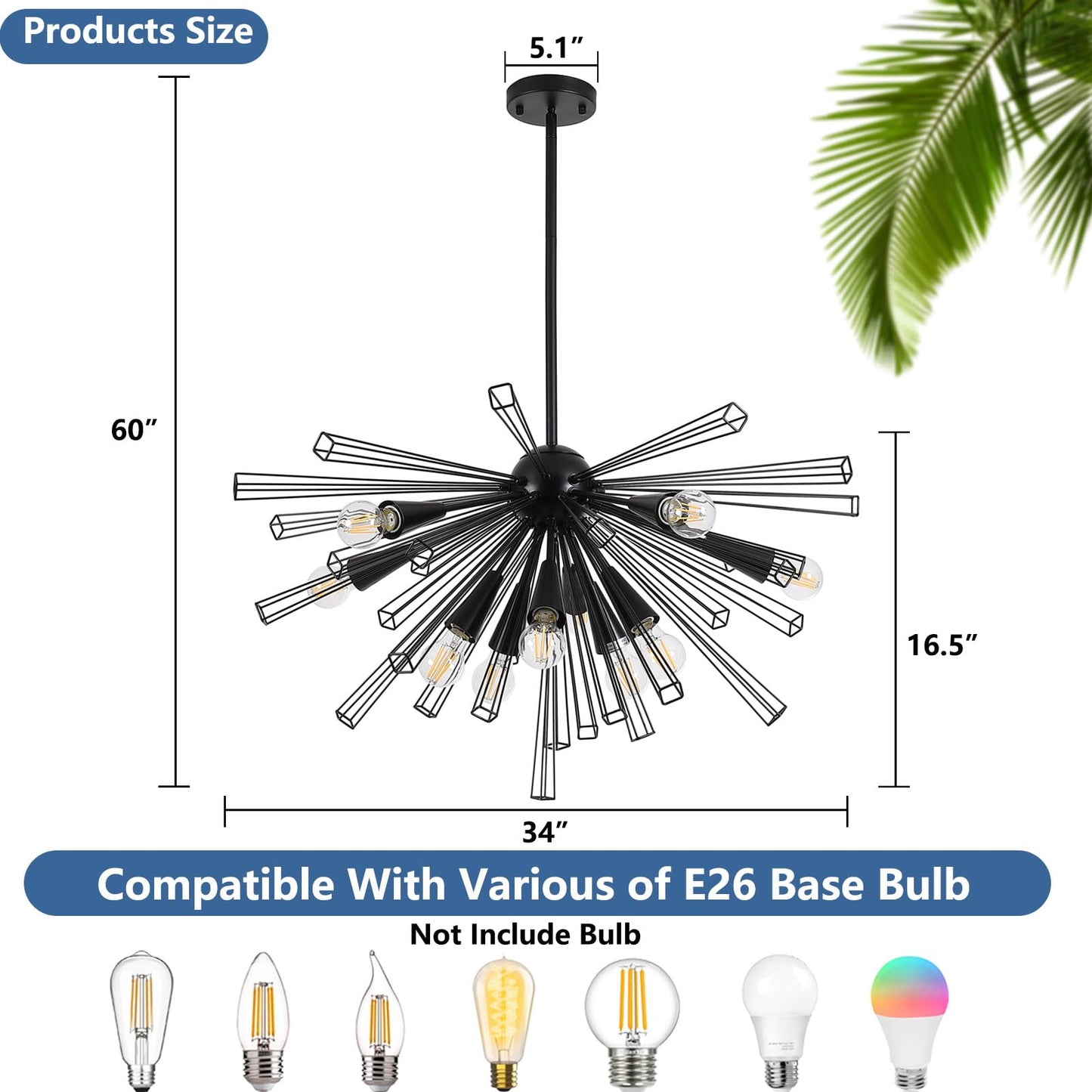 9MMML Black 10-Light Sputnik Chandelier, Farmhouse Pendant Light Fixture with 48'' Height Adjustable Hanging Pole, 34'' Large Chandelier for Living Room, Dining Room, Kitchen, Bedroom, E26 Base