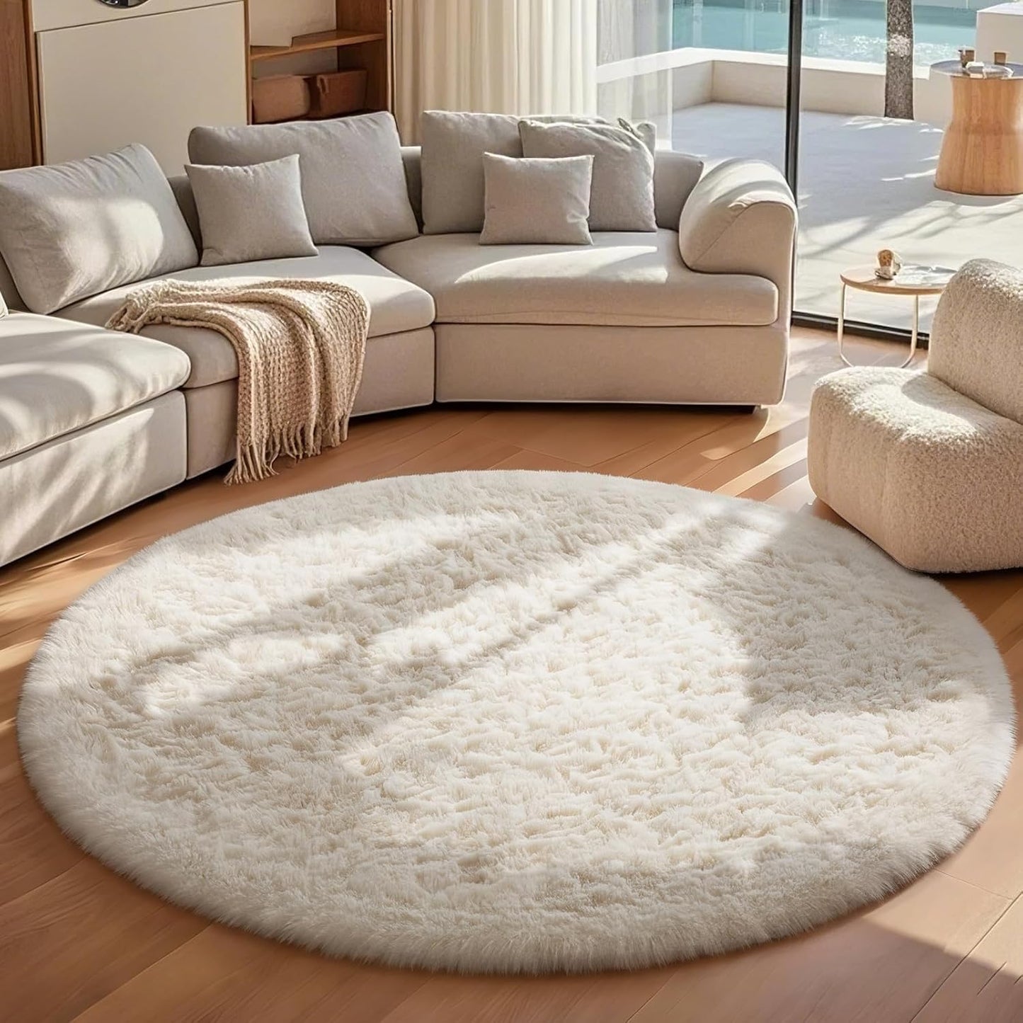 Ophanie Round Area Rug - 7Ft Ivory Circle | Soft Fluffy Shaggy Carpet for Aesthetic Room Decor