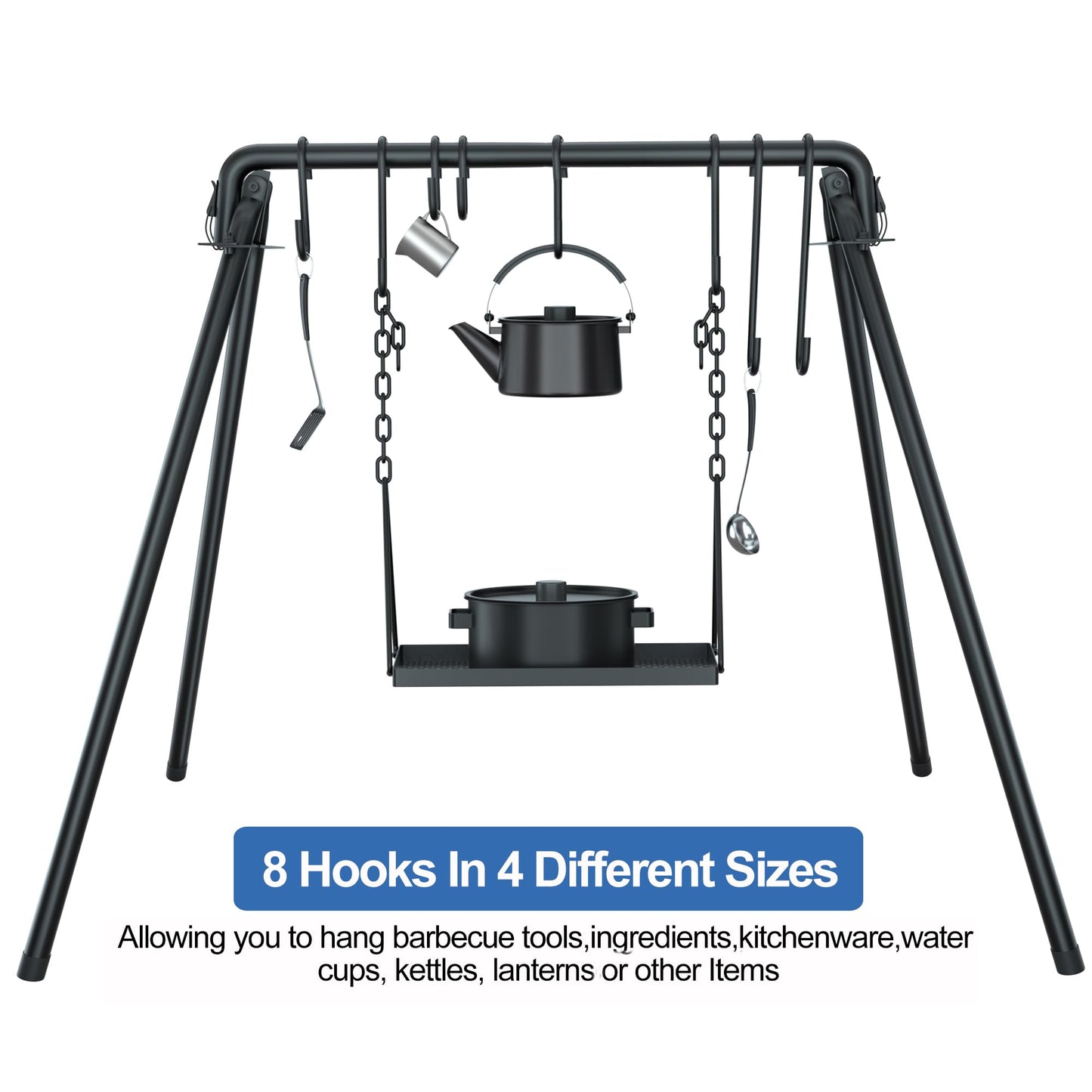 RELIANCER Grill Swing,Campfire Grill Cooking Stand w/8 Hooks & Storage Bag,Cast Iron BBQ Party Swing Grilling Cooking Rack,Outdoor Picnic Camping Cookware Hanging Rack,Collapsible Bonfire Barbecue Set